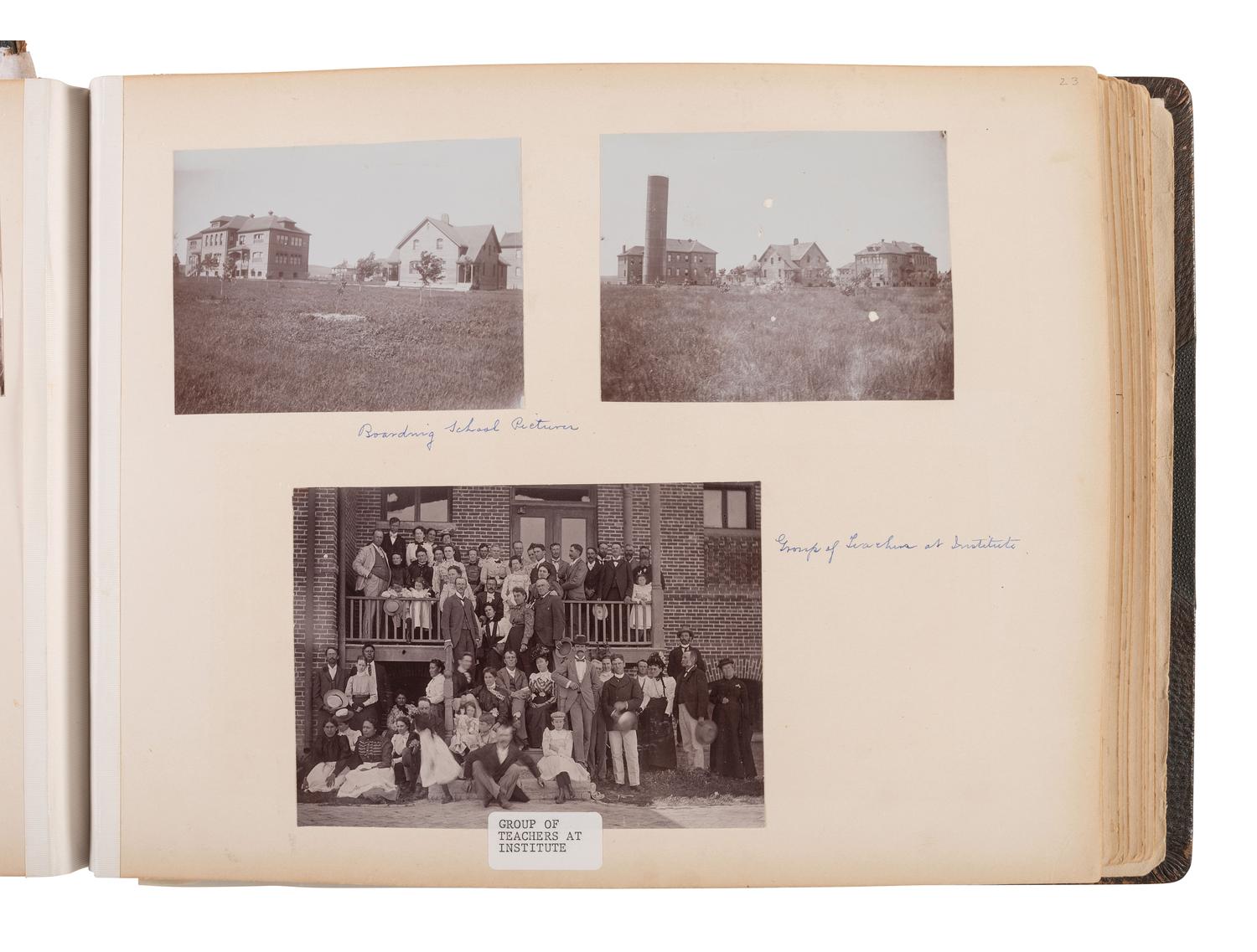 Exceptional album containing photographs of Pine Ridge Reservation and its surroundings, incl. Native American subjects, Indian schools, ceremonies, camp life, and Wounded Knee. Ca late 1890s-early 1900s.