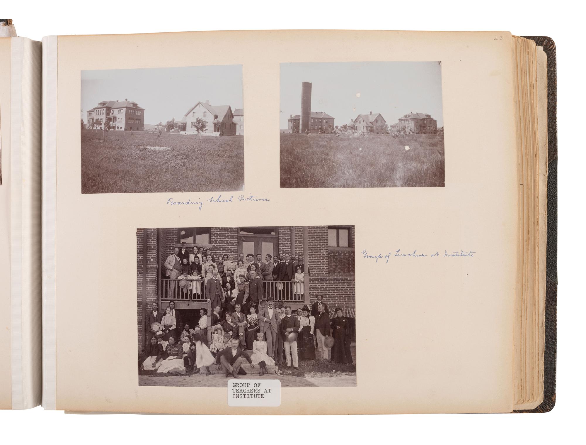 Exceptional album containing photographs of Pine Ridge Reservation and its surroundings, incl. Native American subjects, Indian schools, ceremonies, camp life, and Wounded Knee. Ca late 1890s-early 1900s.