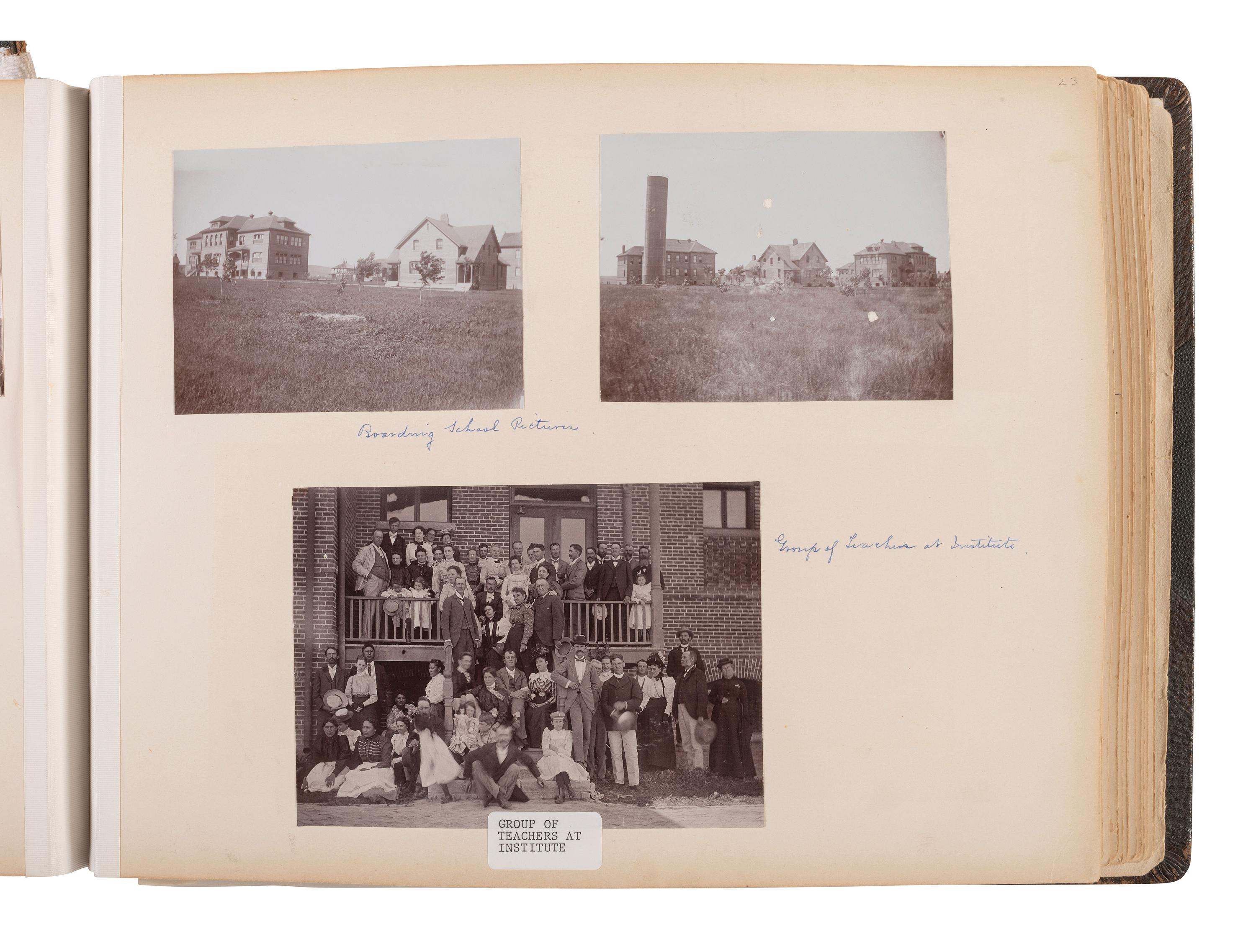Exceptional album containing photographs of Pine Ridge Reservation and its surroundings, incl. Native American subjects, Indian schools, ceremonies, camp life, and Wounded Knee. Ca late 1890s-early 1900s.