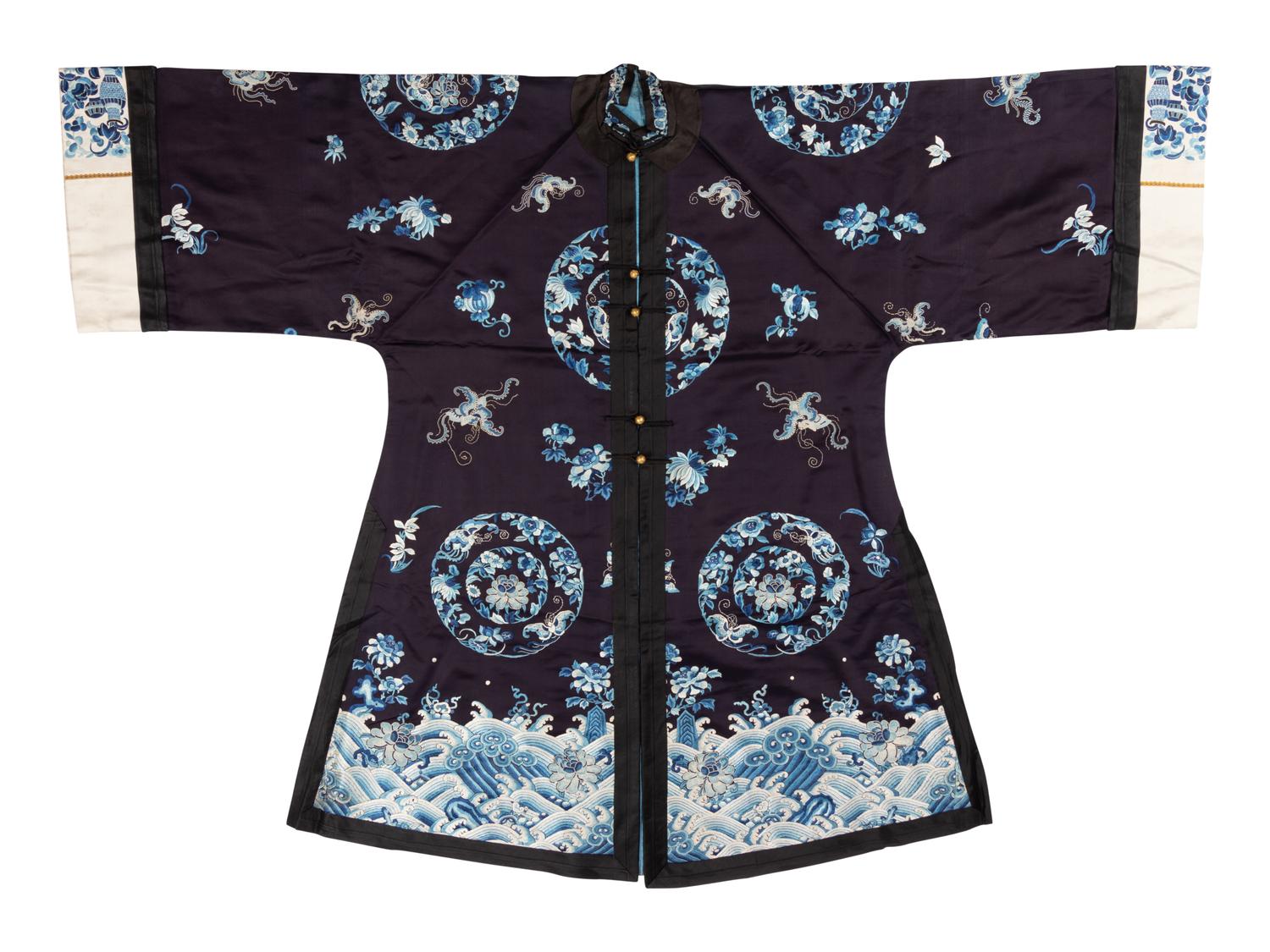 Two Black Ground Embroidered Silk Lady's Robes
