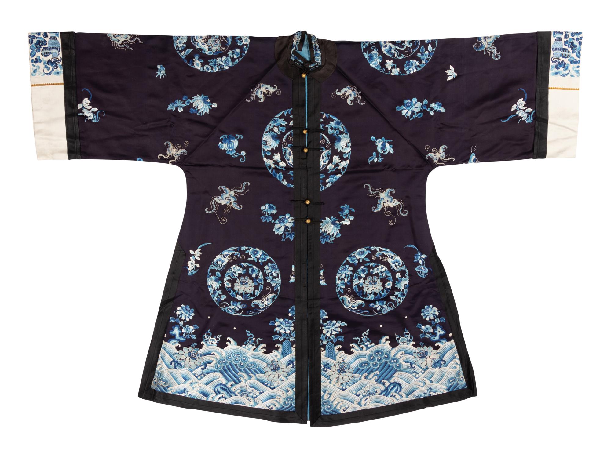 Two Black Ground Embroidered Silk Lady's Robes