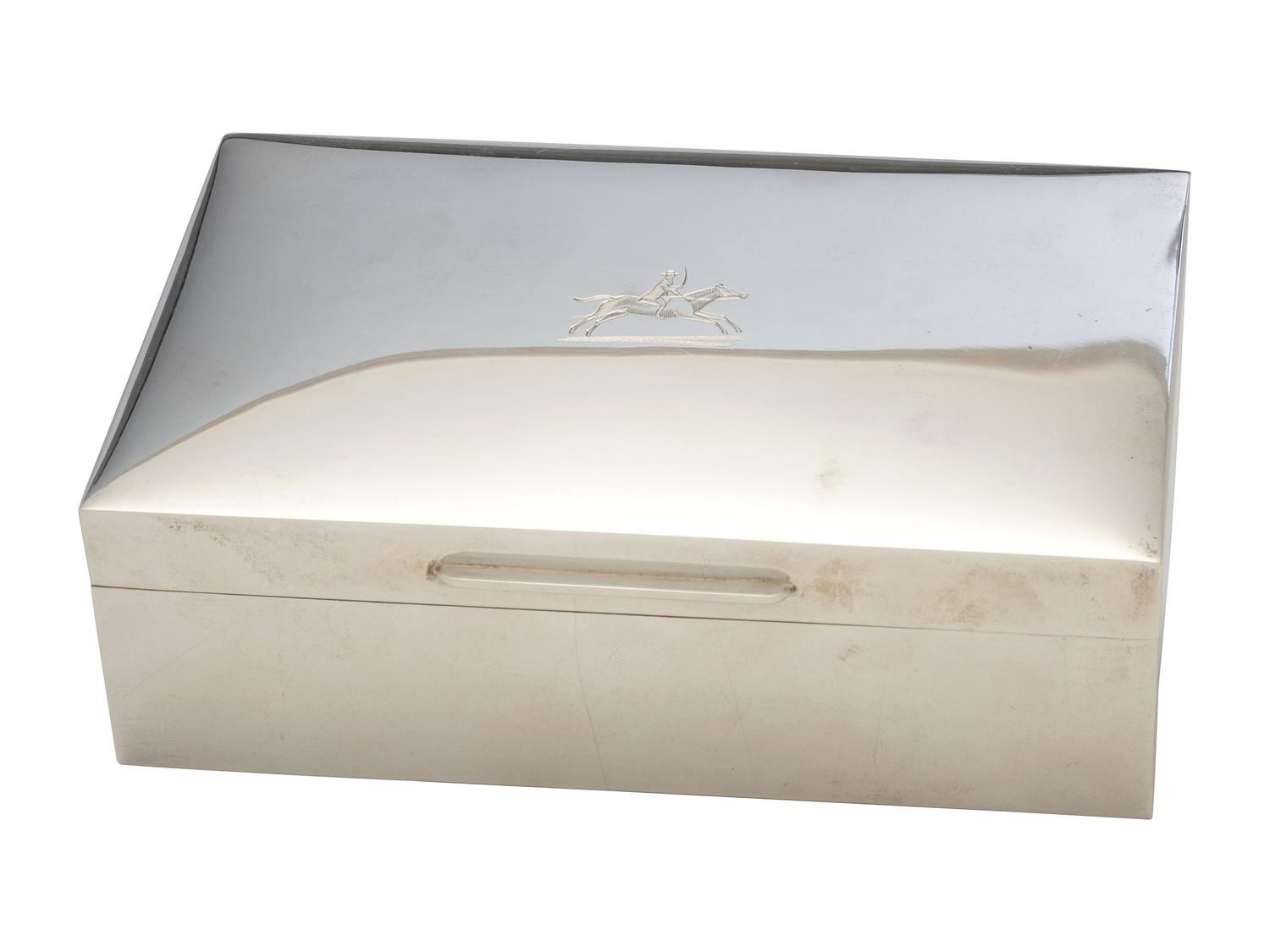 An English Silver Cigarette Box in the Equestrian Taste