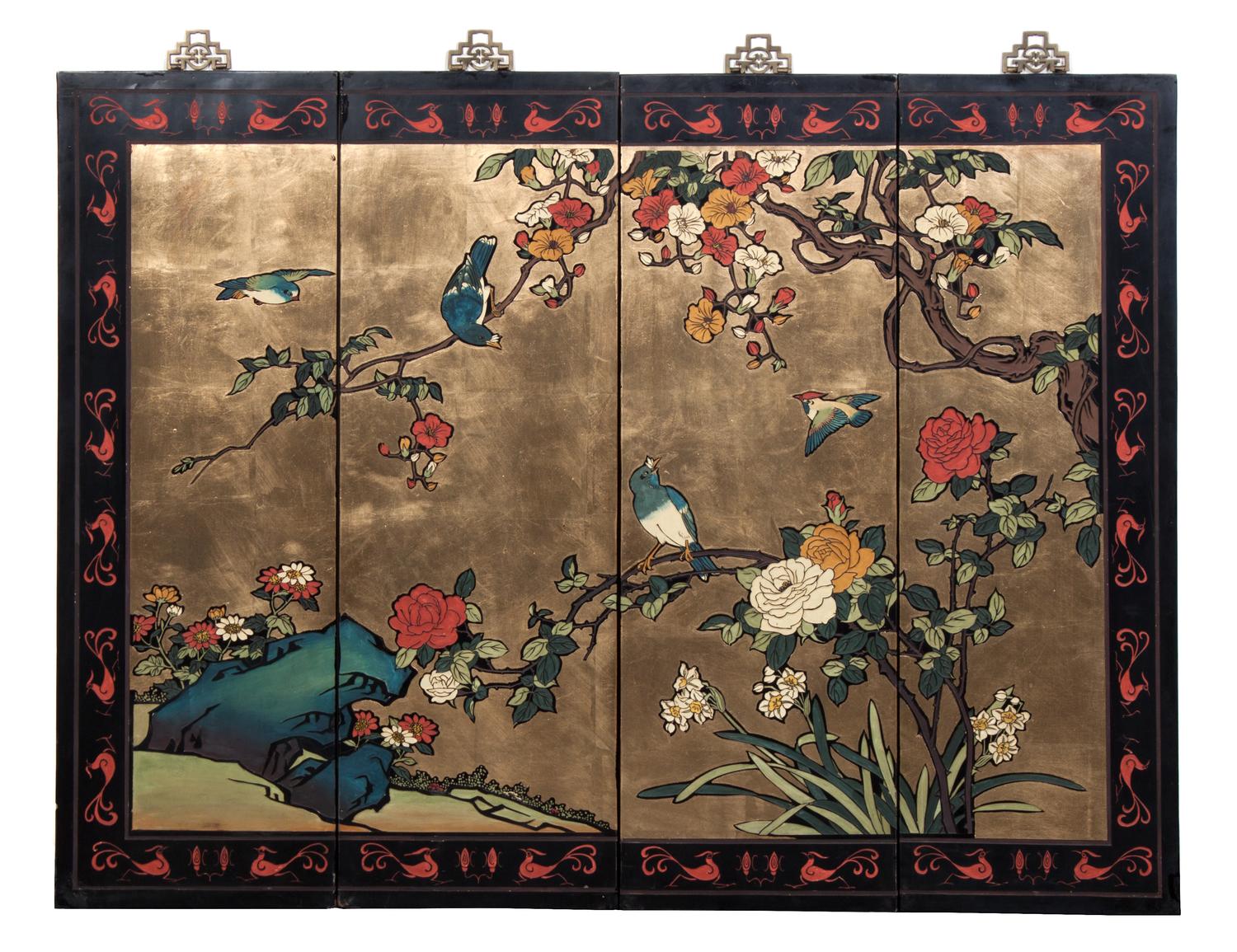 A Japanese Four Panel Wall Scene Height 36 inches.