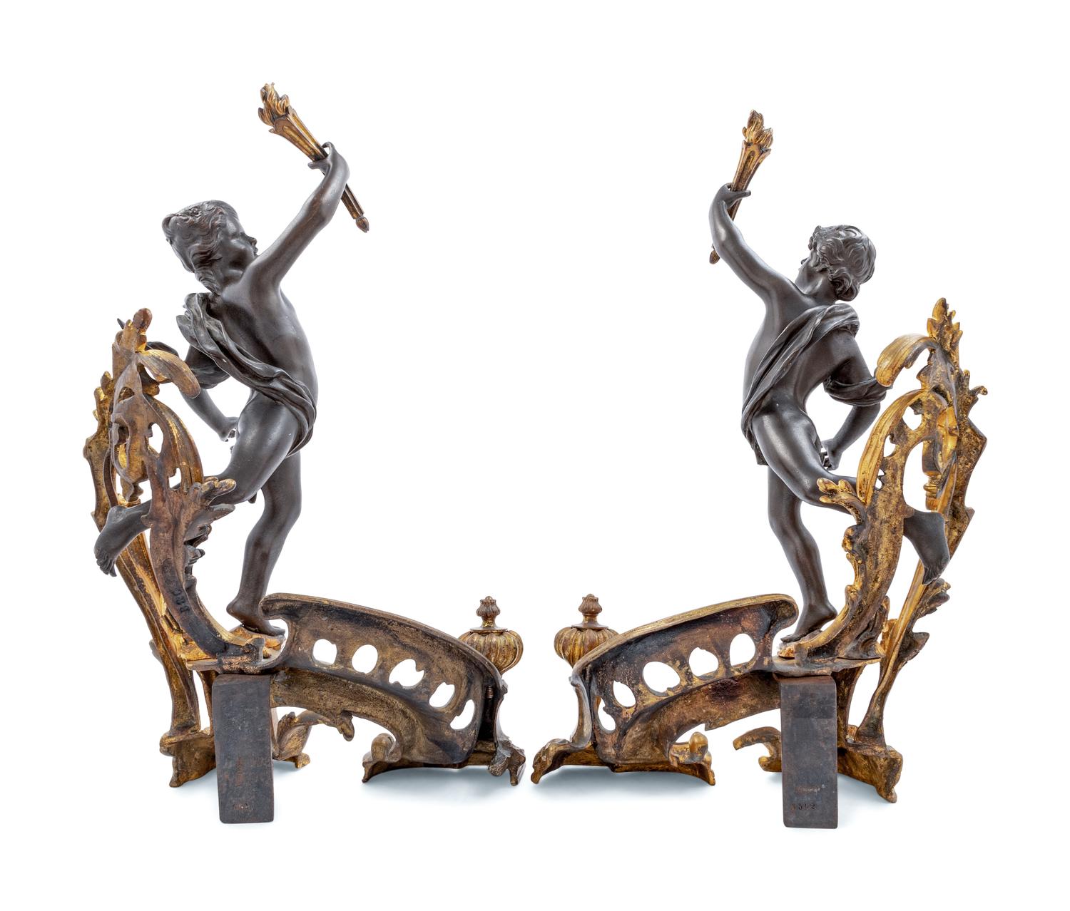 A Pair of Louis XV Style Gilt and Patinated Bronze Figural Chenets