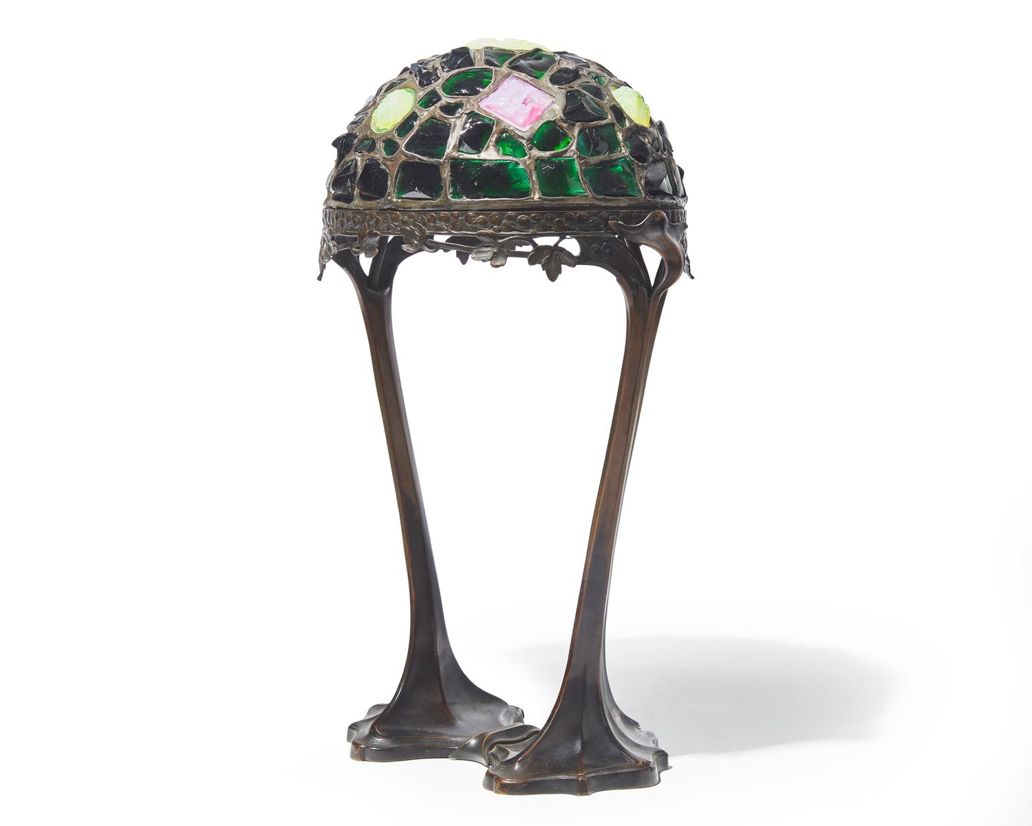 An Jugendstil cast bronze and chunk glass "jewel" table lamp, Hermann Eichberg, Berlin, Germany, circa 1900