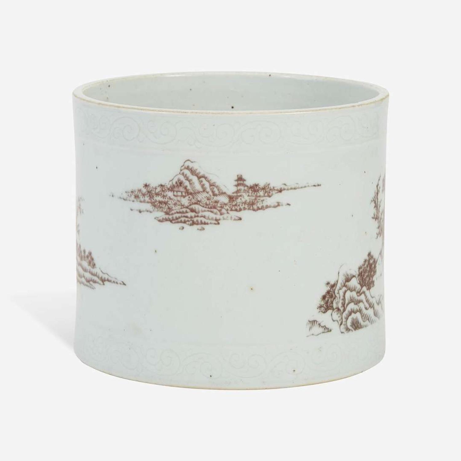 A Chinese underglaze red-decorated porcelain brush pot 釉里红画山水笔筒