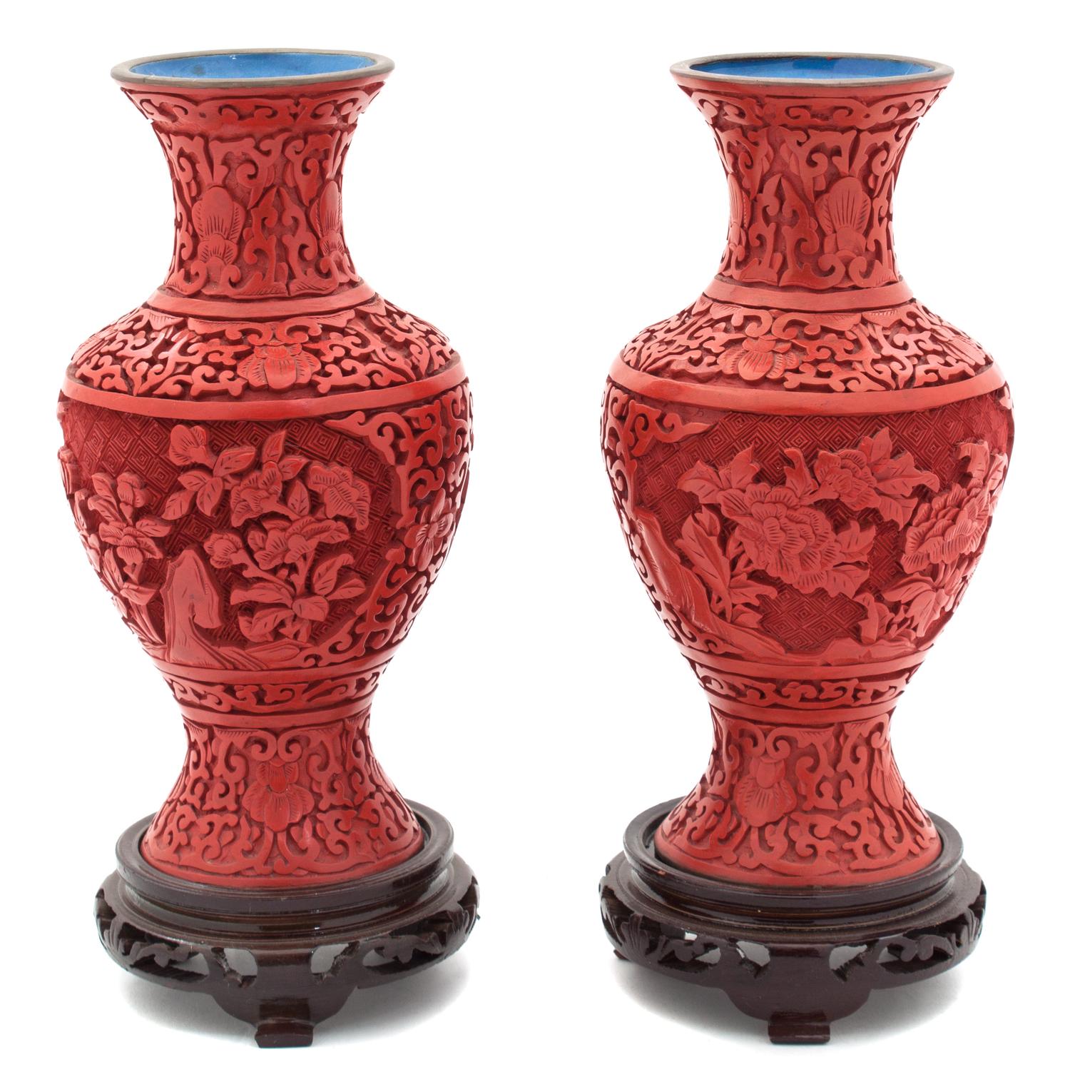 Two Chinese Cinnabar Vases Height 8 1/4 inches.