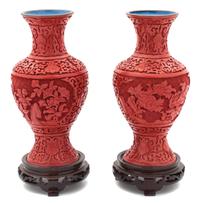 Two Chinese Cinnabar Vases Height 8 1/4 inches.