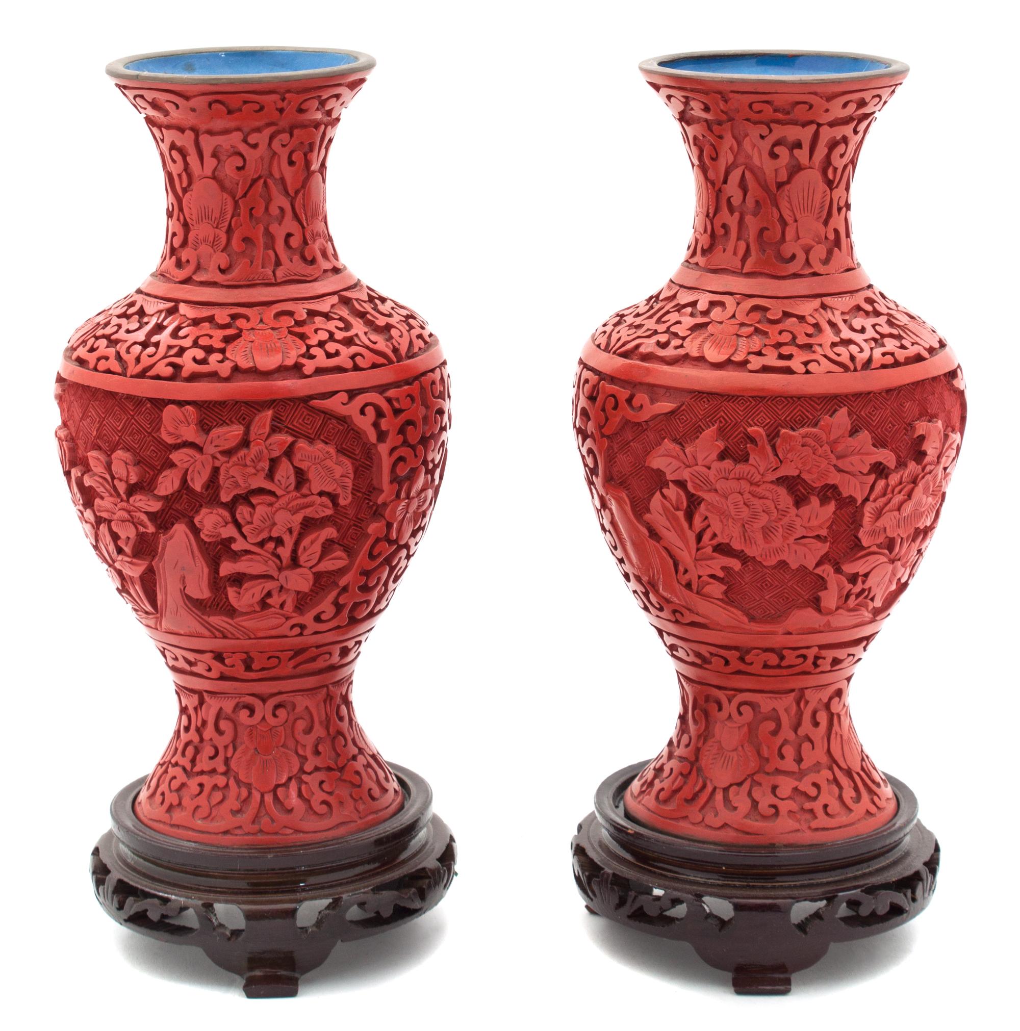 Two Chinese Cinnabar Vases Height 8 1/4 inches.