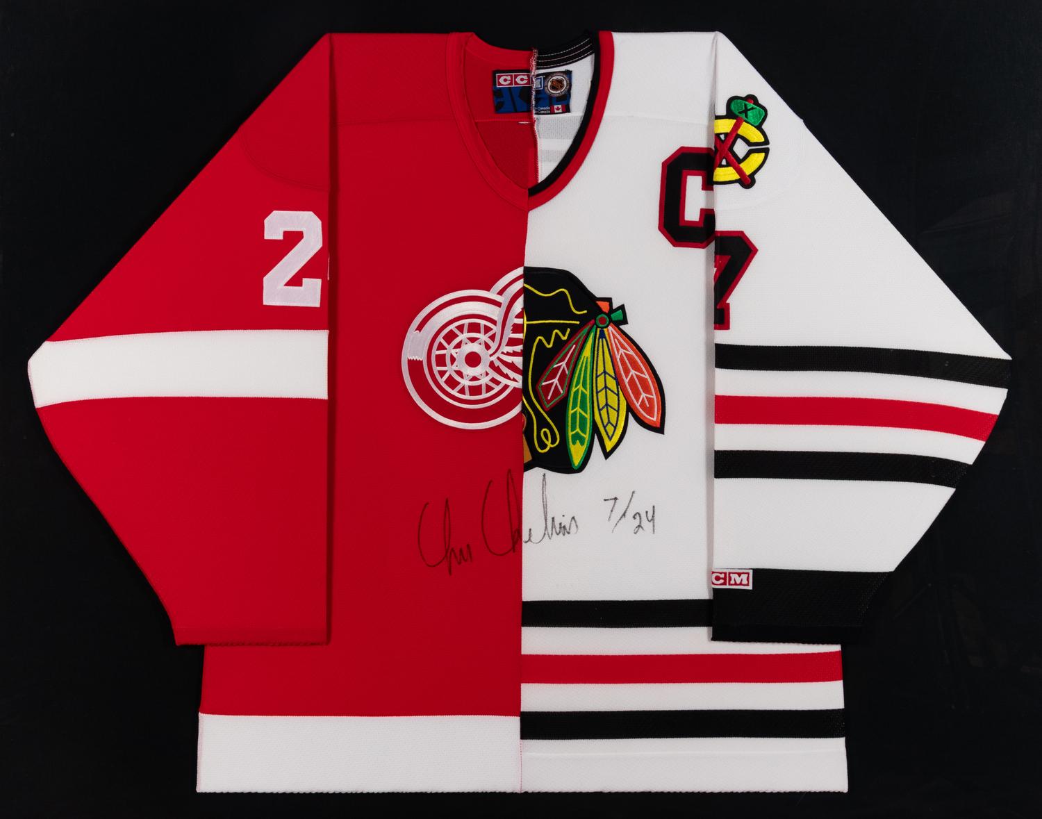 A Unique Chris Chelios Signed Autograph Chicago Blackhawks / Detroit Red Wings Hockey Jersey,