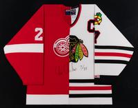 A Unique Chris Chelios Signed Autograph Chicago Blackhawks / Detroit Red Wings Hockey Jersey,