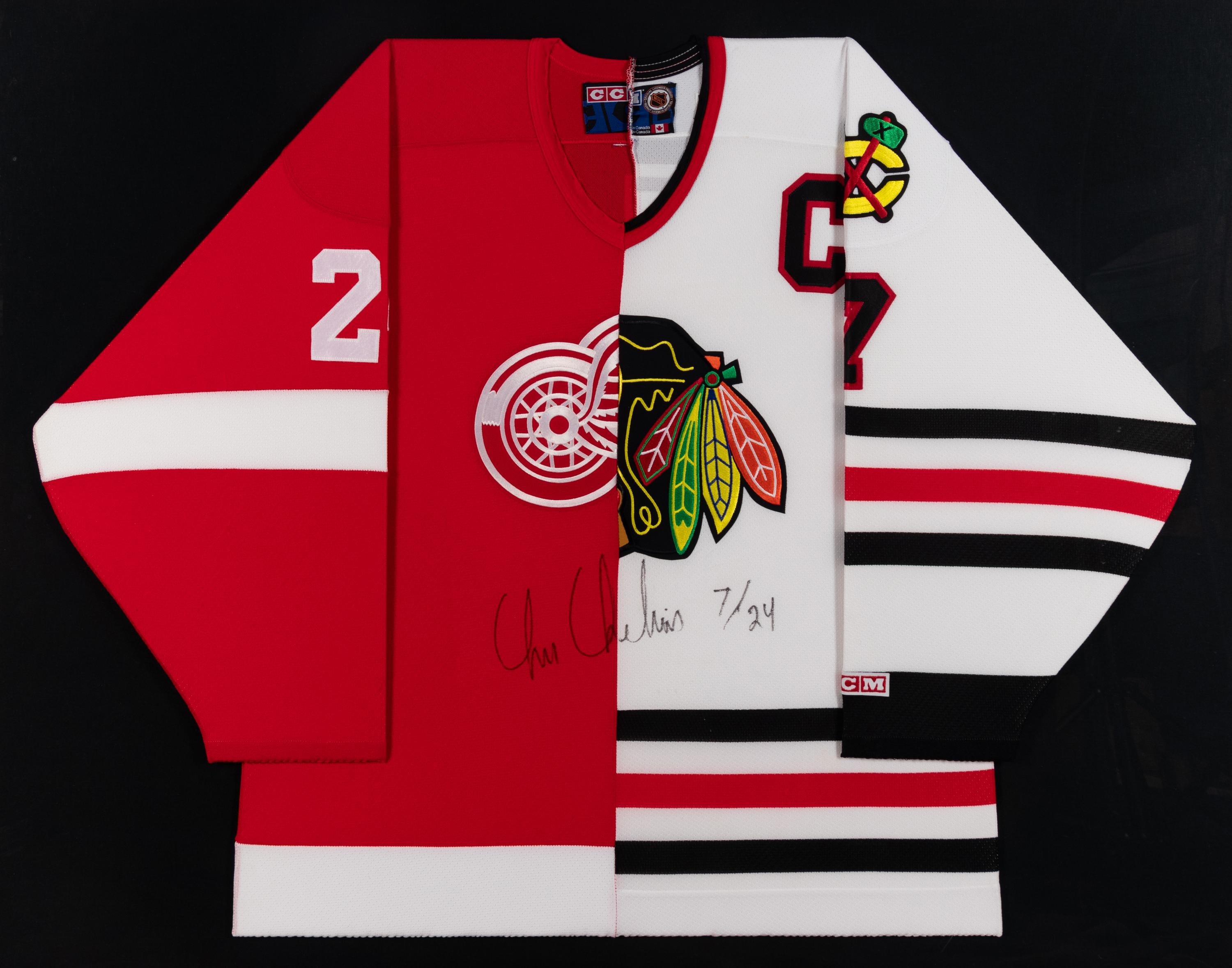 A Unique Chris Chelios Signed Autograph Chicago Blackhawks / Detroit Red Wings Hockey Jersey,