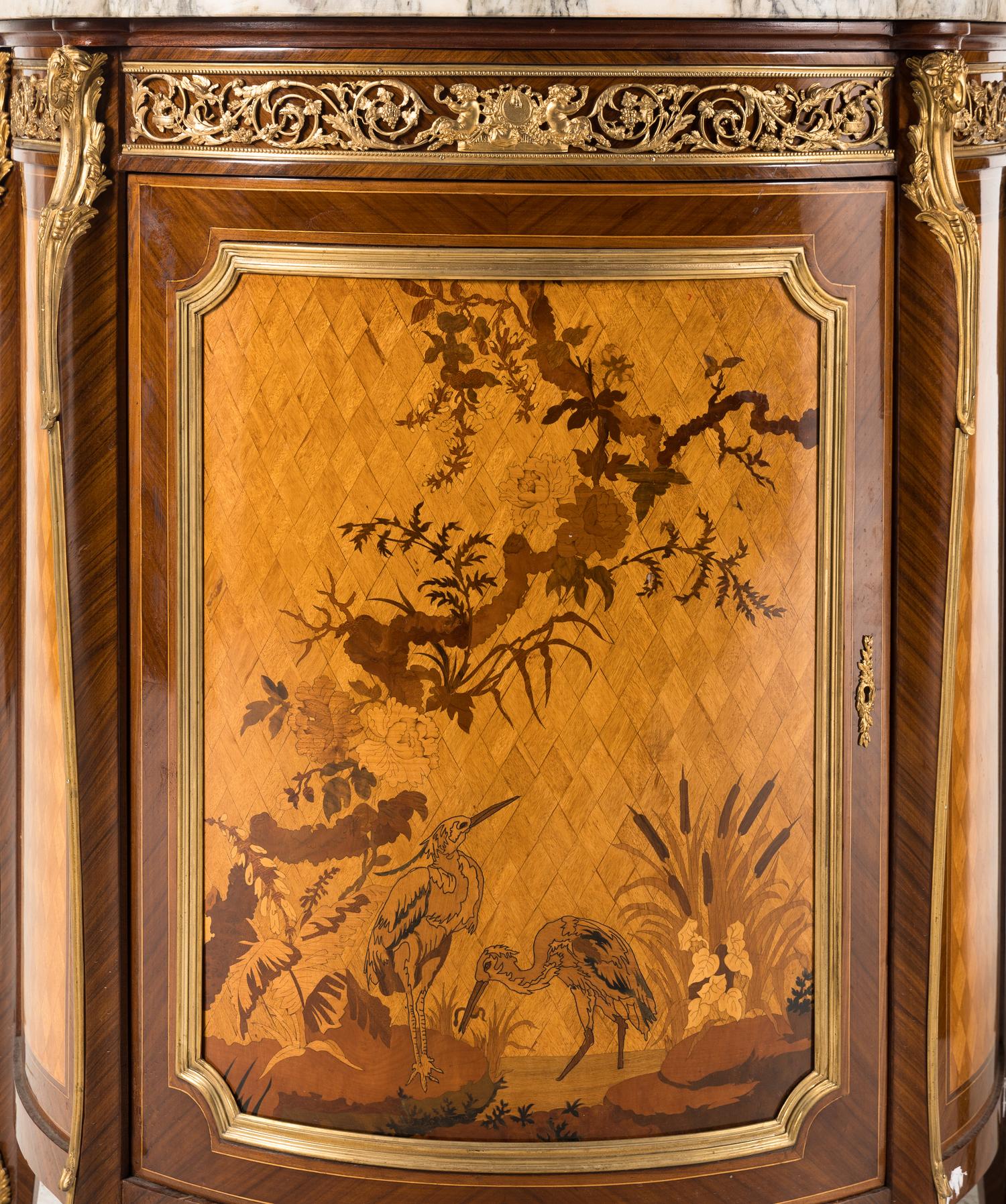 A Pair of Louis XV Style Gilt Bronze Mounted Marquetry Marble-Top Cabinets