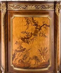 A Pair of Louis XV Style Gilt Bronze Mounted Marquetry Marble-Top Cabinets