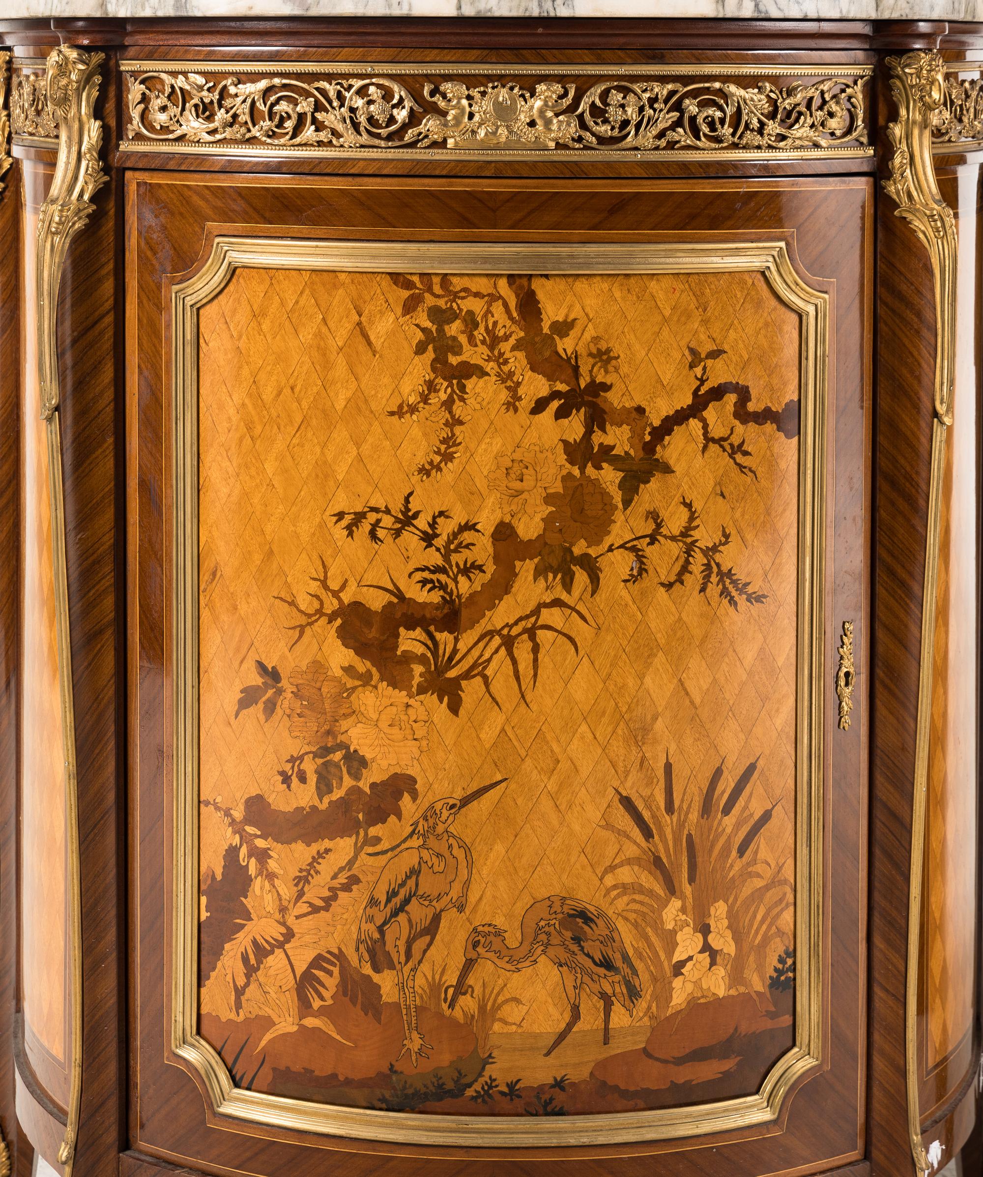 A Pair of Louis XV Style Gilt Bronze Mounted Marquetry Marble-Top Cabinets