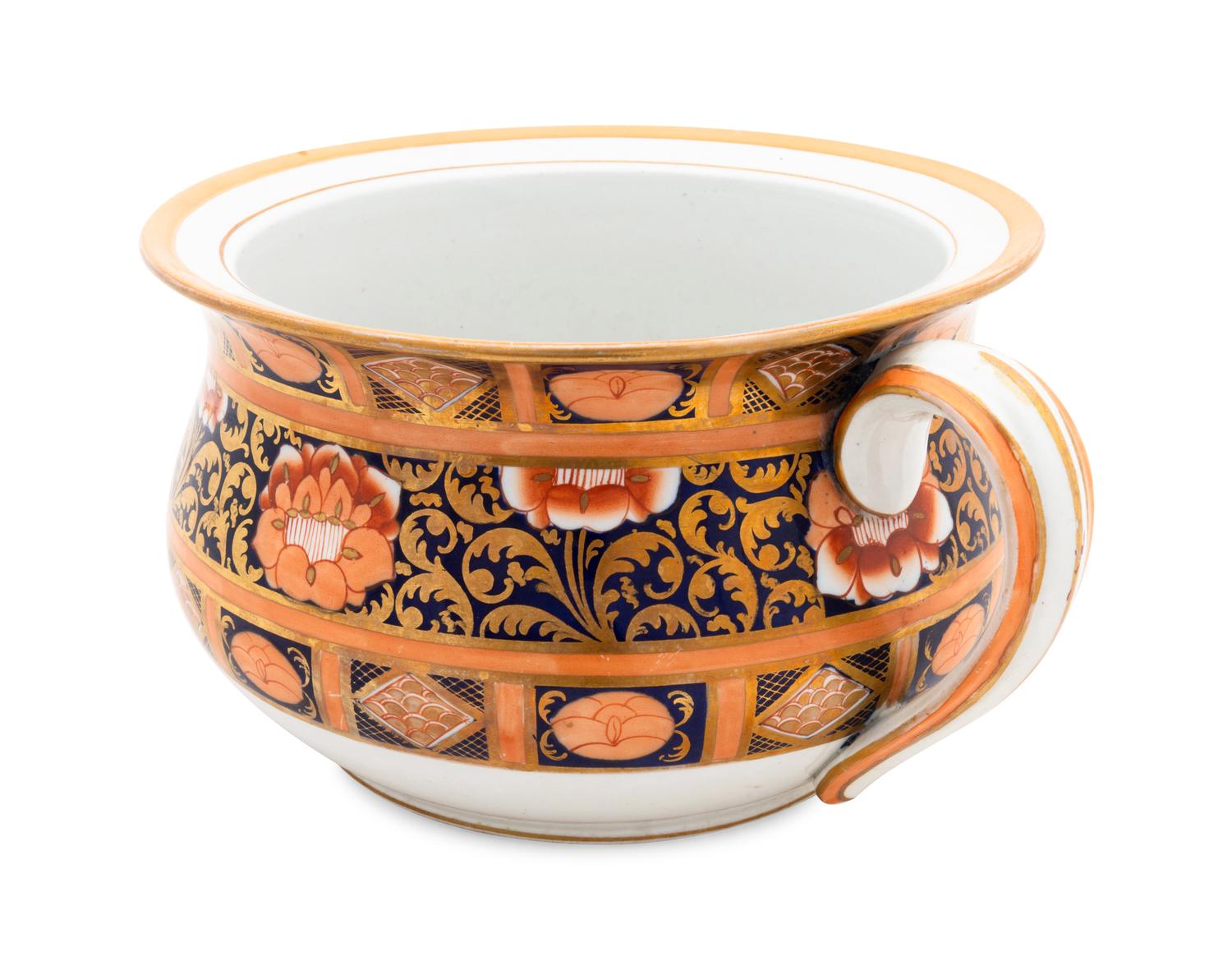A Pair of English Ironstone Painted and Parcel Gilt Chamber Pots