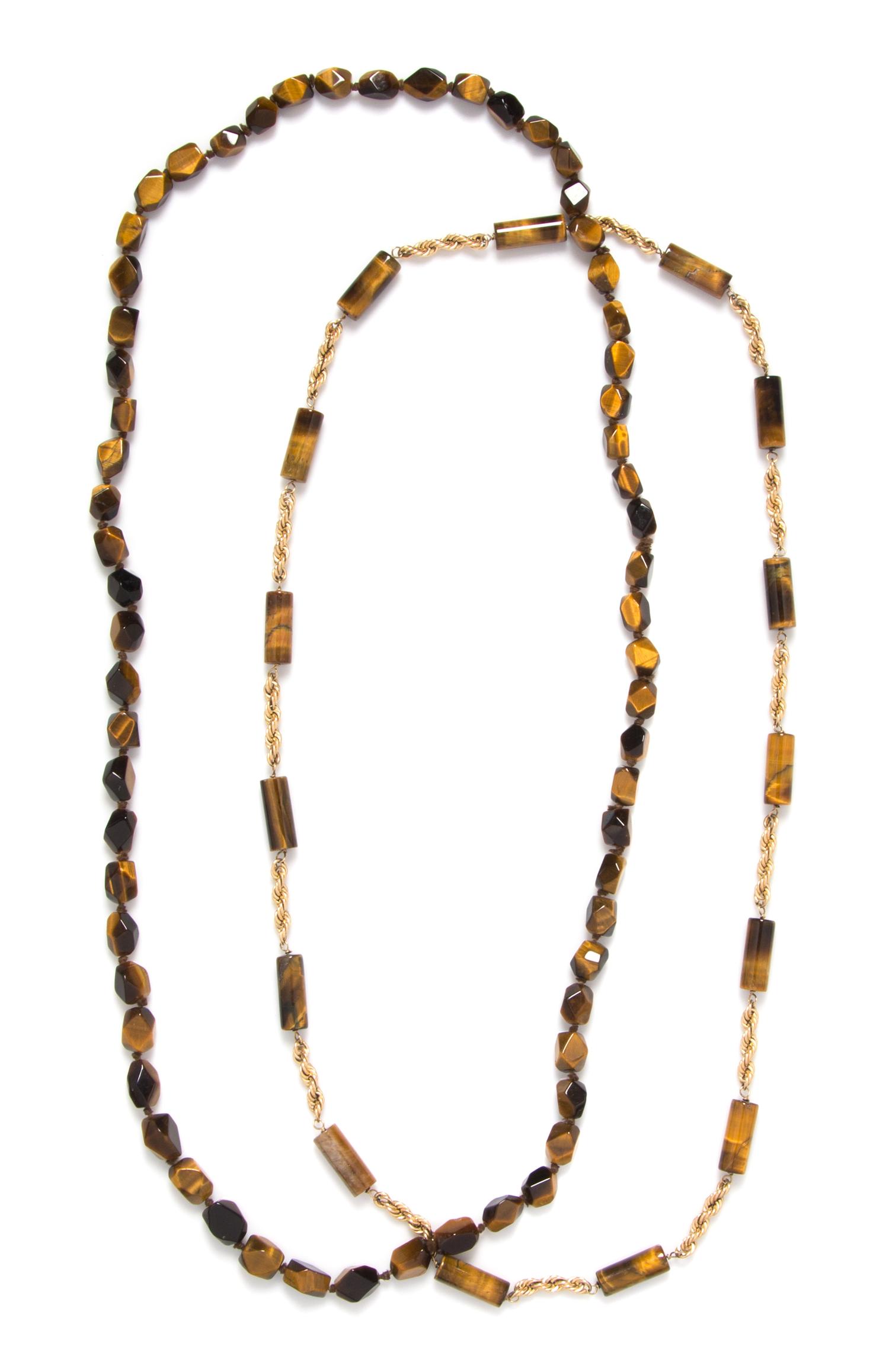 A Collection of Yellow Gold and Tiger's Eye Necklaces,