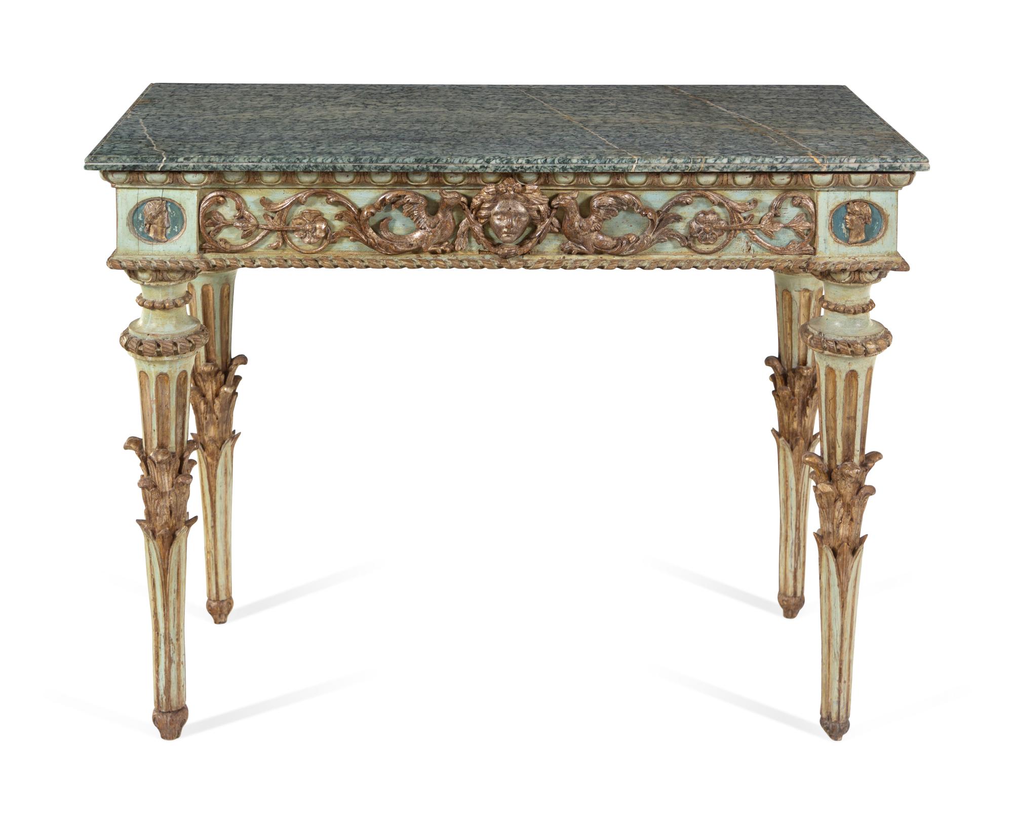 An Italian Neoclassical Green-Painted and Parcel Gilt Marble-Top Console Table