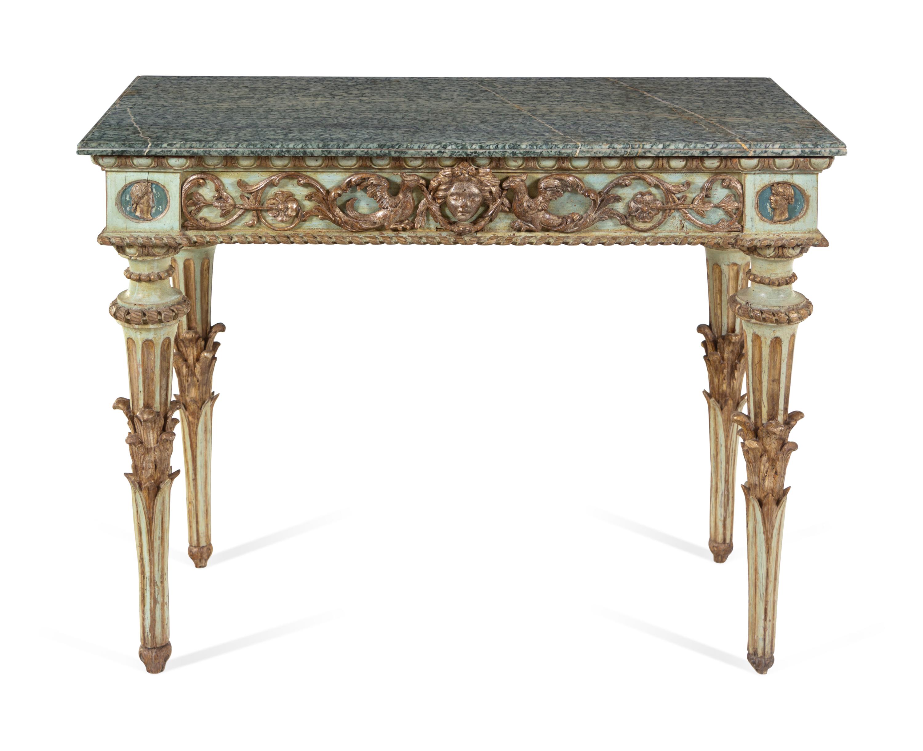 An Italian Neoclassical Green-Painted and Parcel Gilt Marble-Top Console Table