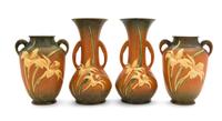 Two Pairs of Roseville Zephyr Lily Pottery Vases Height of first pair 10 1/4 inches, second 8 1/4 inches.