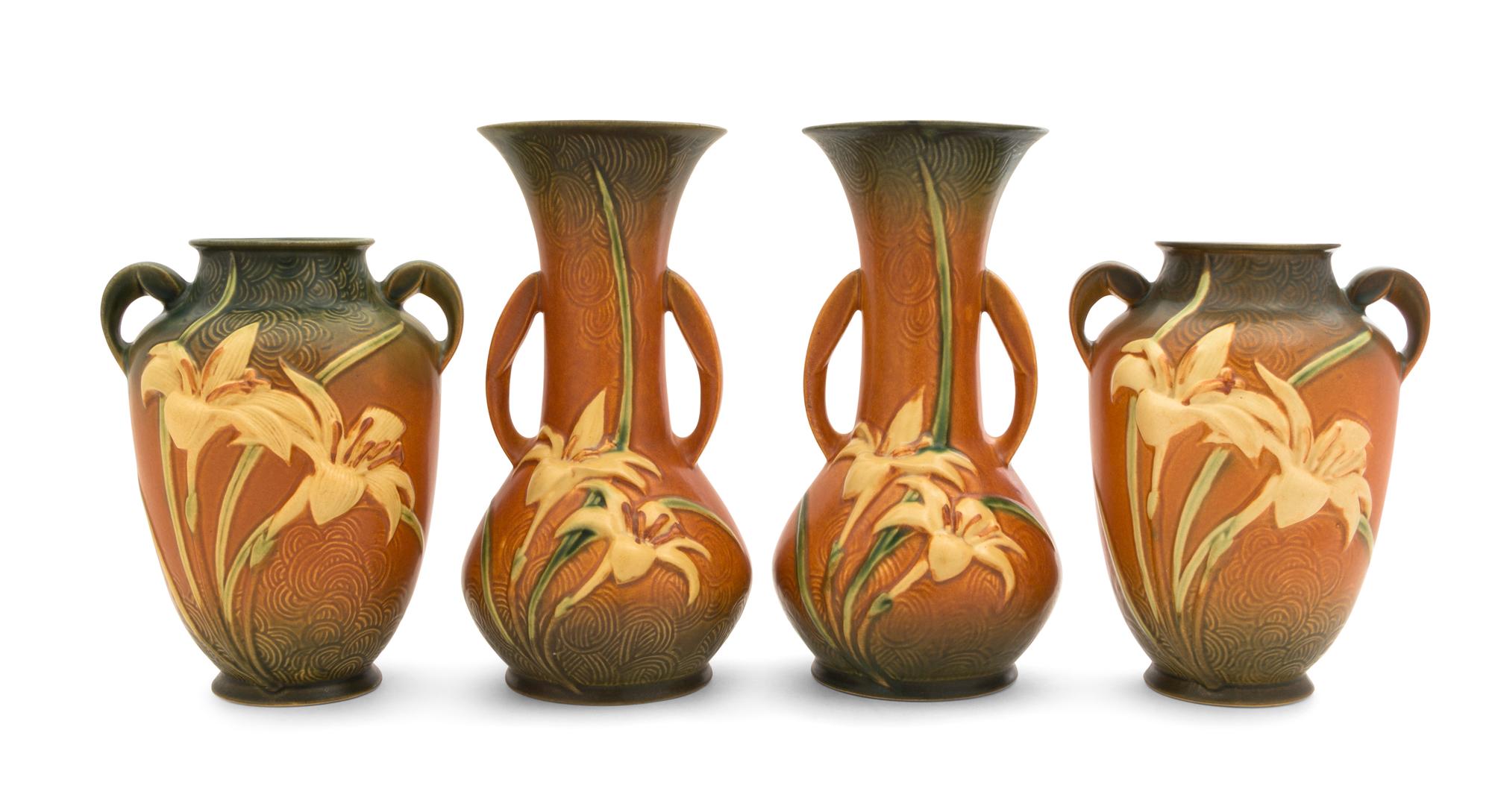 Two Pairs of Roseville Zephyr Lily Pottery Vases Height of first pair 10 1/4 inches, second 8 1/4 inches.