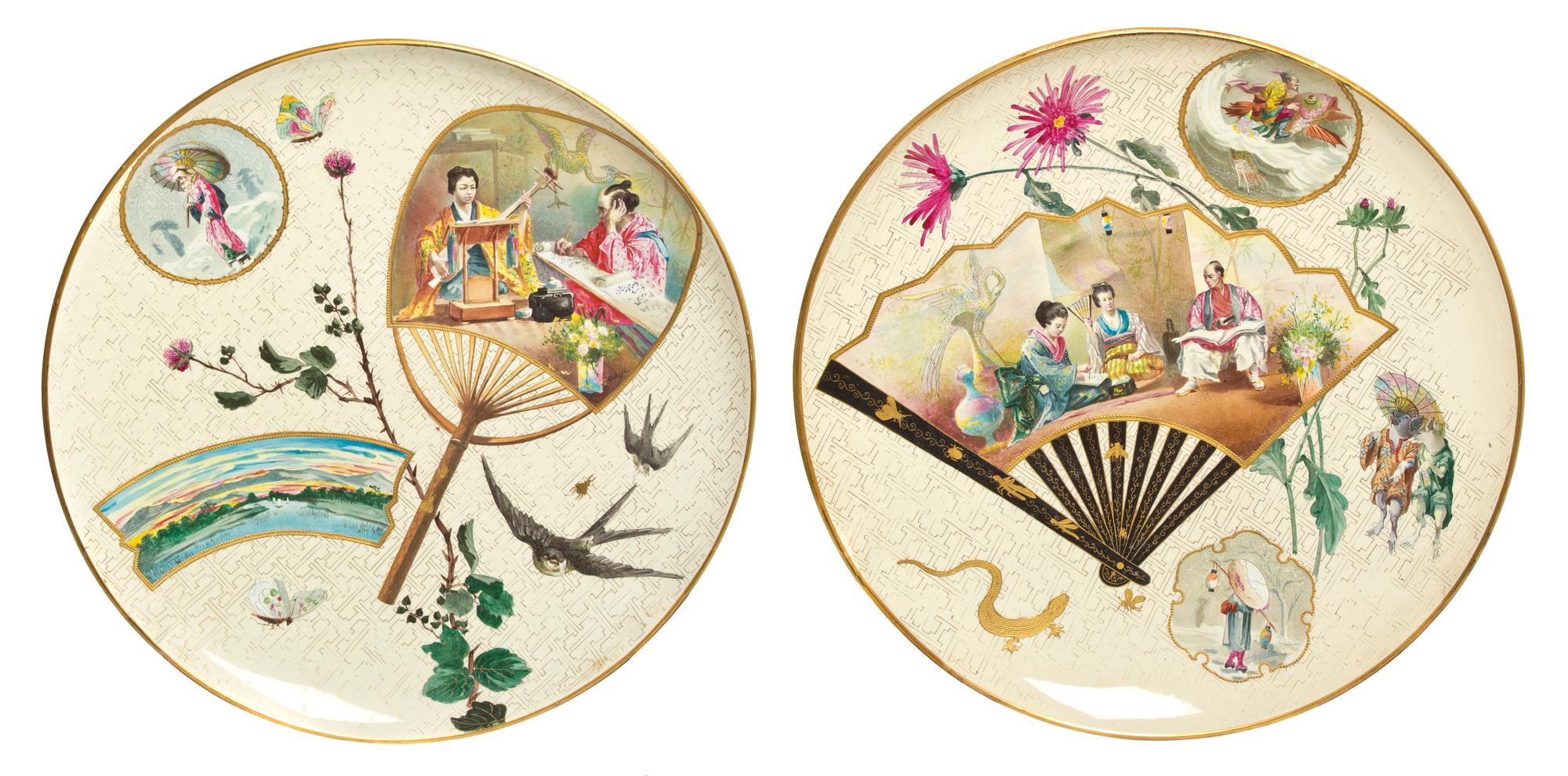 Two Montereau French Aesthetic Ceramic Chargers, Diameter of larger 17 5/8 inches.