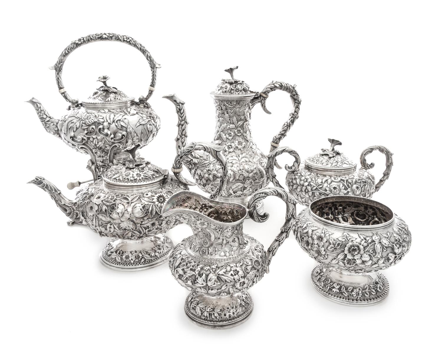 An American Silver Six-Piece Tea and Coffee Service, S. Kirk & Son, Baltimore, MD, Repousse pattern, comprising a water kettle on stand
