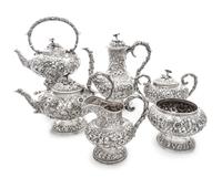 An American Silver Six-Piece Tea and Coffee Service, S. Kirk & Son, Baltimore, MD, Repousse pattern, comprising a water kettle on stand