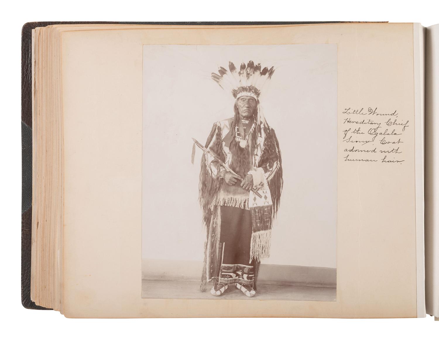 Exceptional album containing photographs of Pine Ridge Reservation and its surroundings, incl. Native American subjects, Indian schools, ceremonies, camp life, and Wounded Knee. Ca late 1890s-early 1900s.