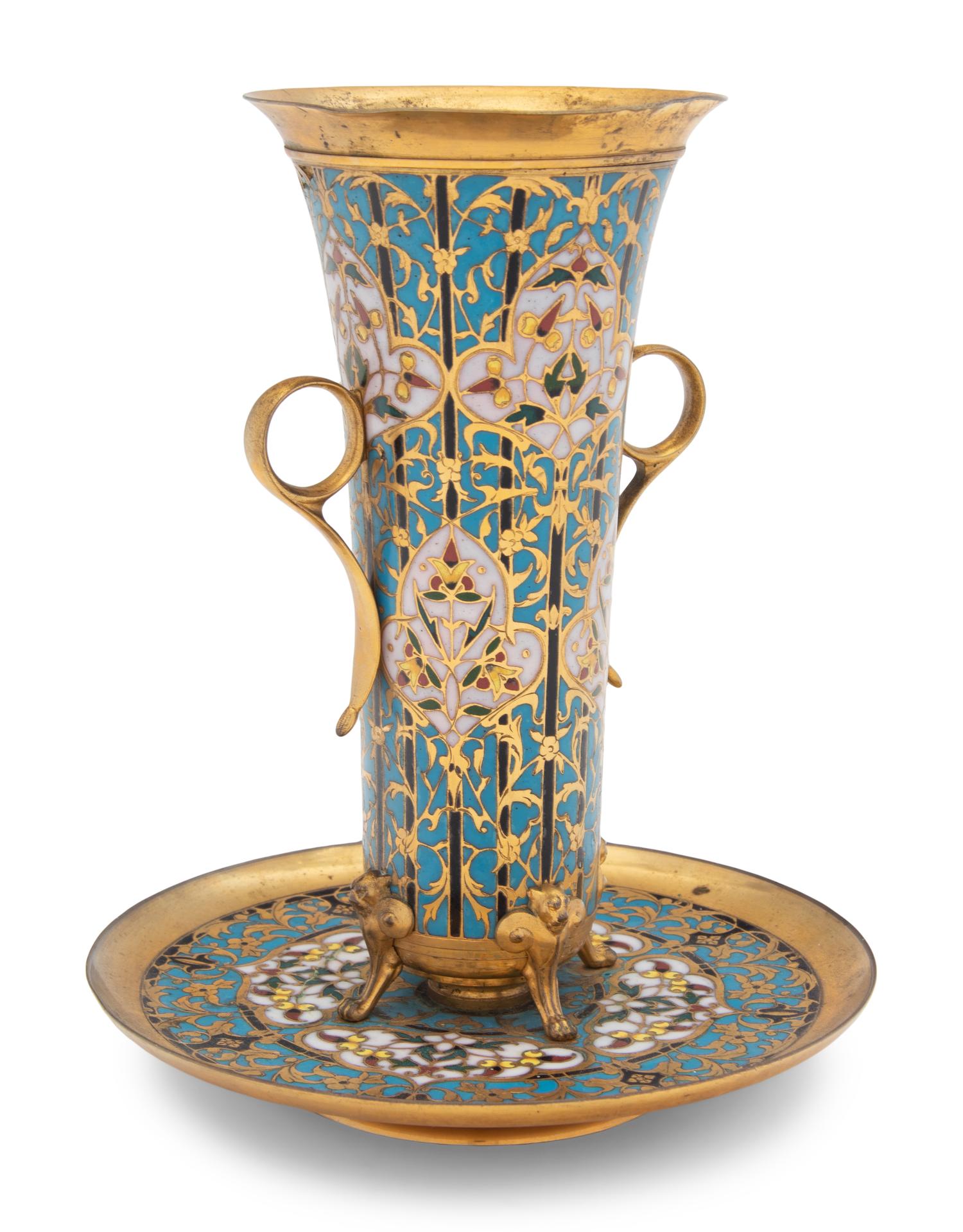 A French Brass and Champlevé Enamel Vase and Attached Underplate