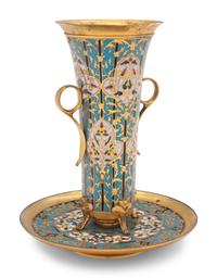 A French Brass and Champlevé Enamel Vase and Attached Underplate