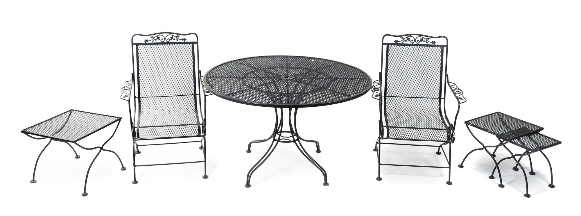 A Group of Black Painted Metal Garden Furniture Height of armchair 29 inches.