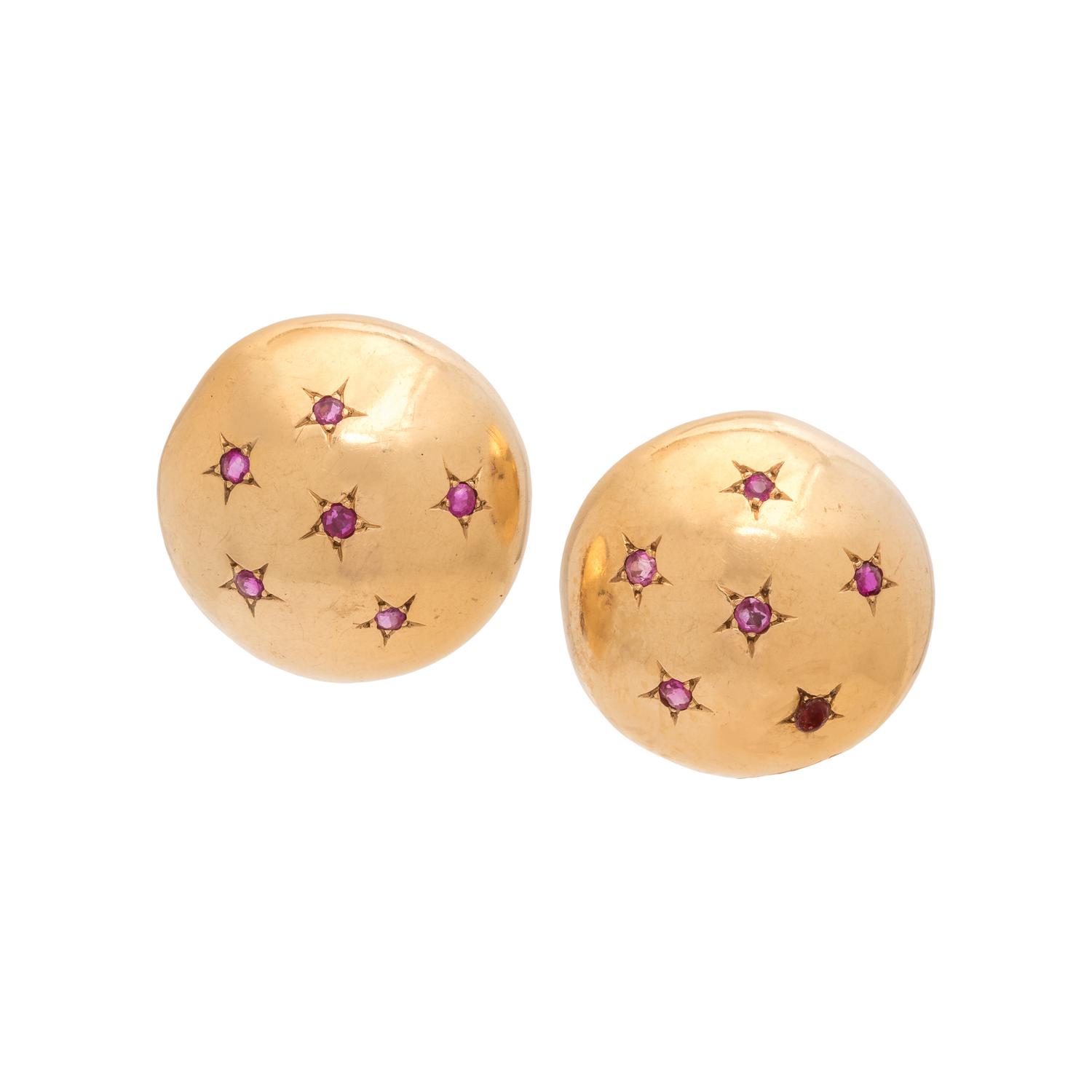 YELLOW GOLD AND SYNTHETIC RUBY EARCLIPS