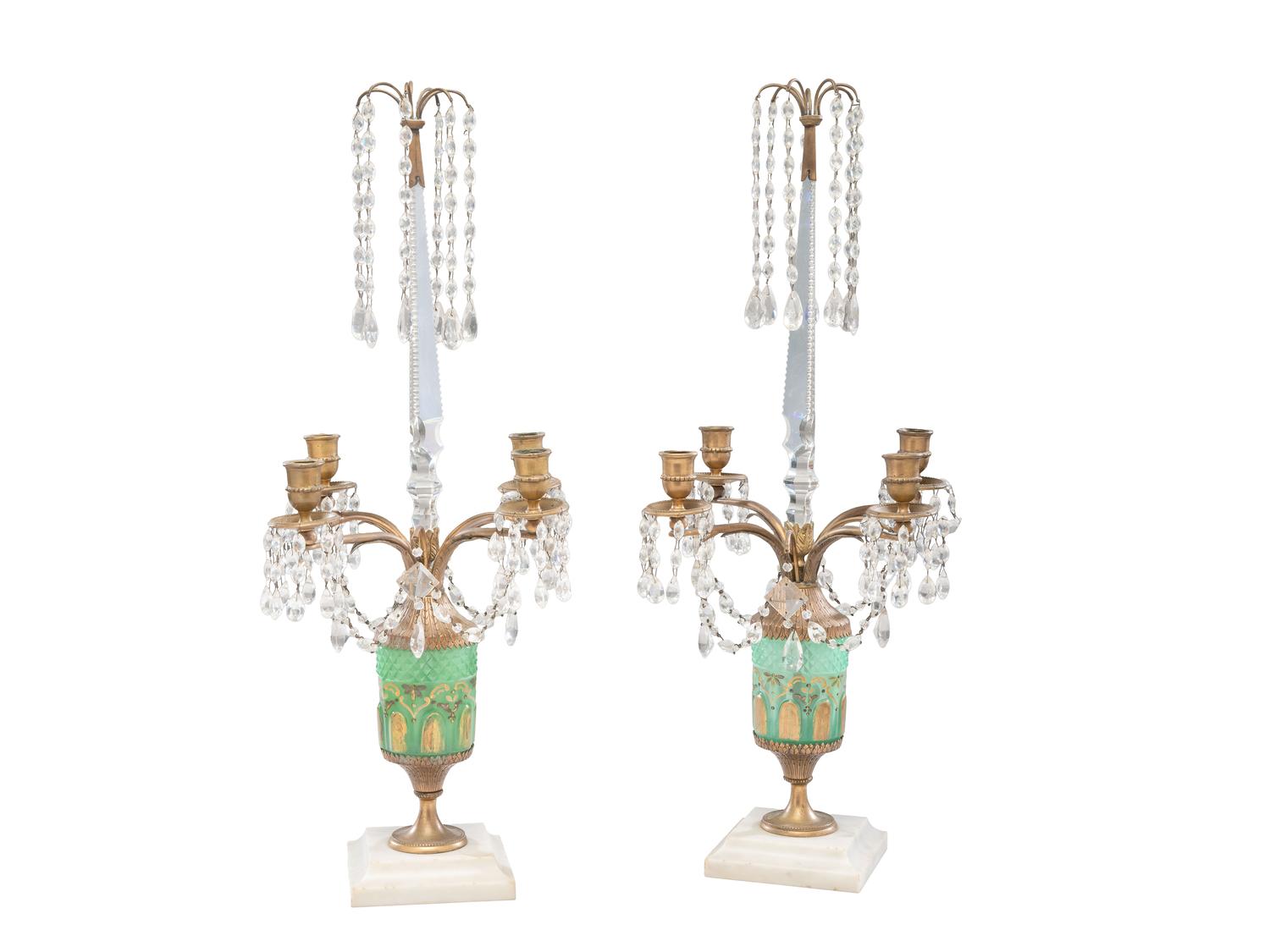 A Pair of French Gilt Bronze Mounted Marble and Cut Glass Four-Light Candelabra