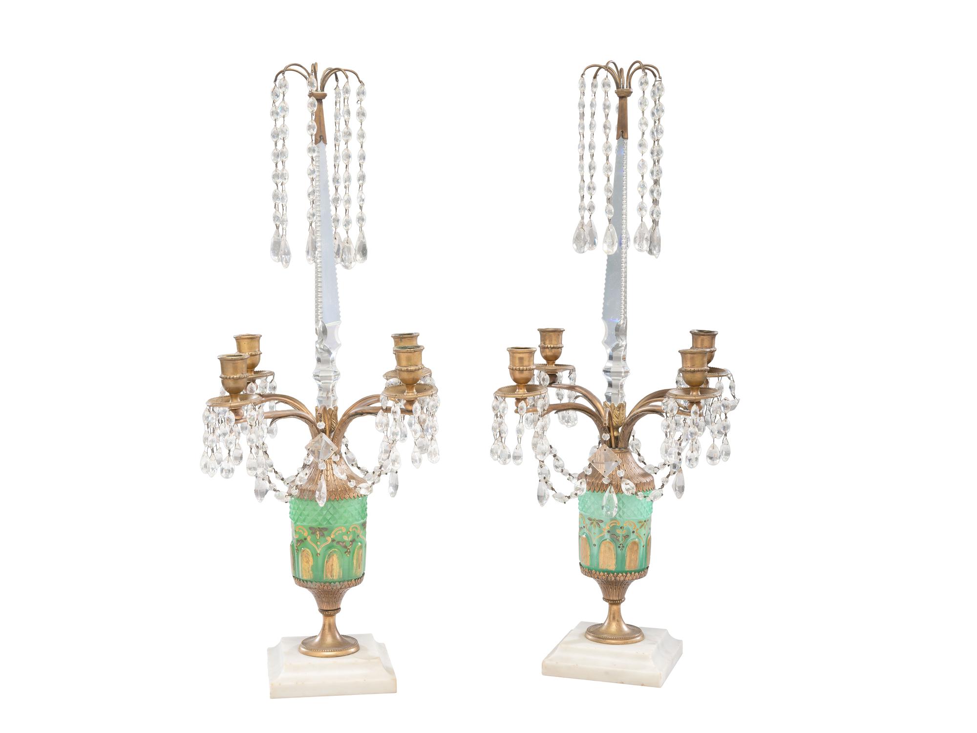 A Pair of French Gilt Bronze Mounted Marble and Cut Glass Four-Light Candelabra