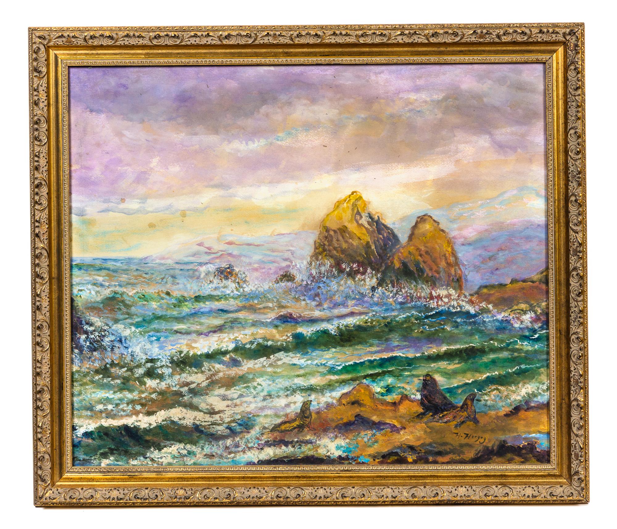 Hermann Herzog, (American/German, 1832-1932), Rocky Shoreline with Seals