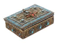 A Tibetan Hardstone Inset Silver Box Length 5 3/4 inches.