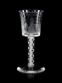 An Opaque Twist Engraved Wine Glass of British Naval Interest