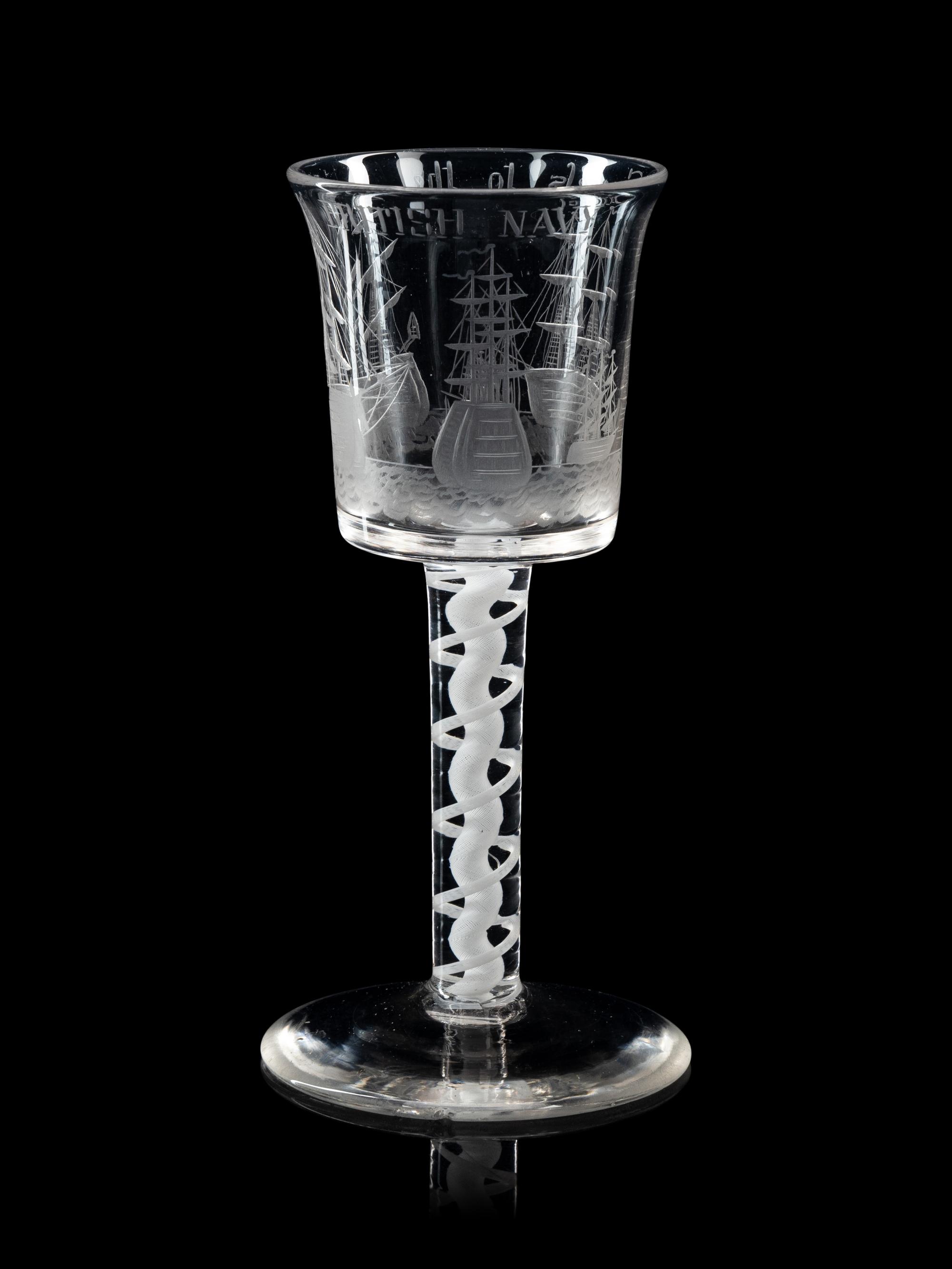 An Opaque Twist Engraved Wine Glass of British Naval Interest
