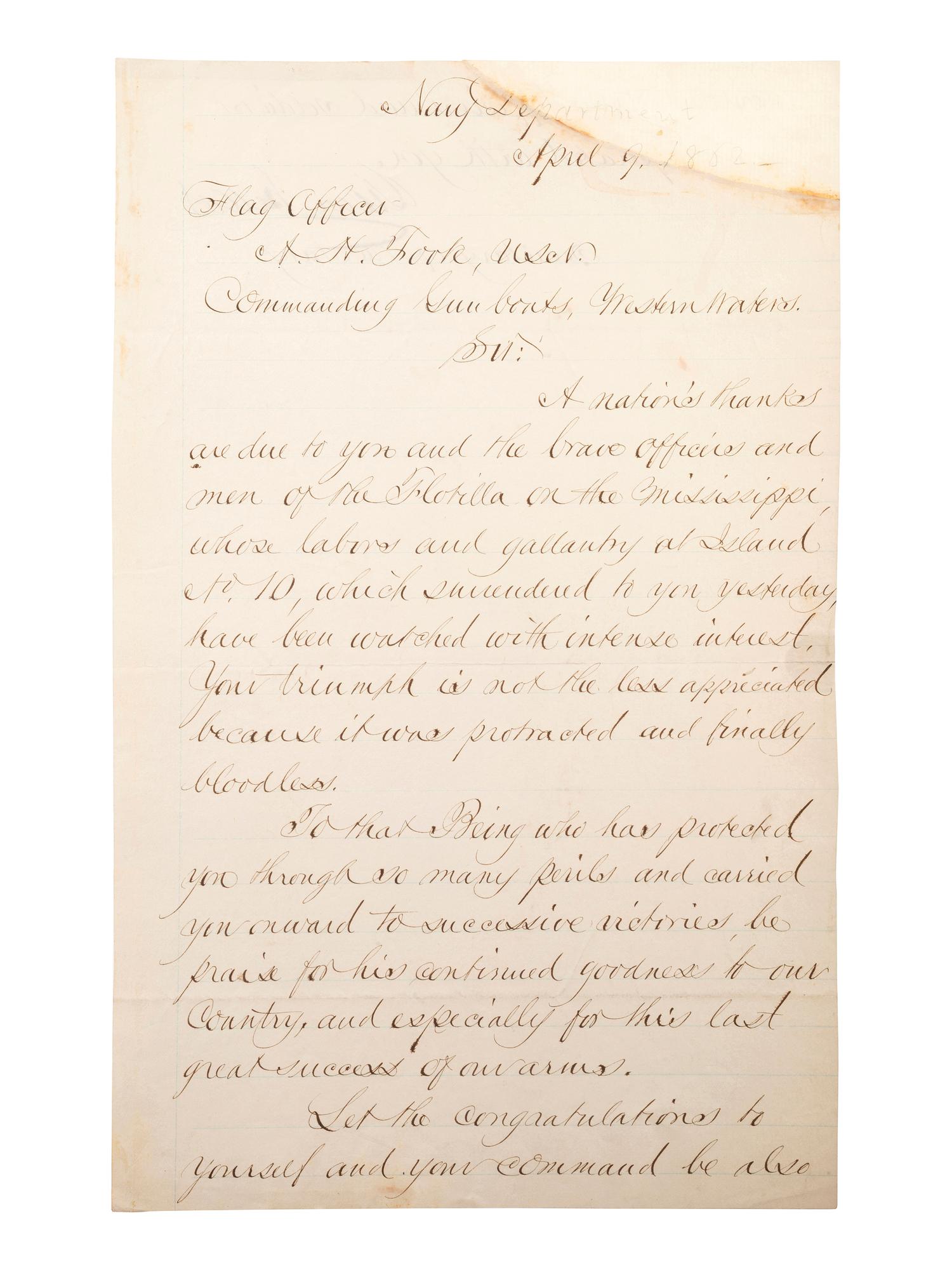 [CIVIL WAR - NAVY]. WELLES, Gideon (1802-1878). Letter signed ("Gideon Welles"), as Secretary of the US Navy, to Flag Officer A.H. Foote (1806-1863). [Washington, D.C.], 9 April 1862.