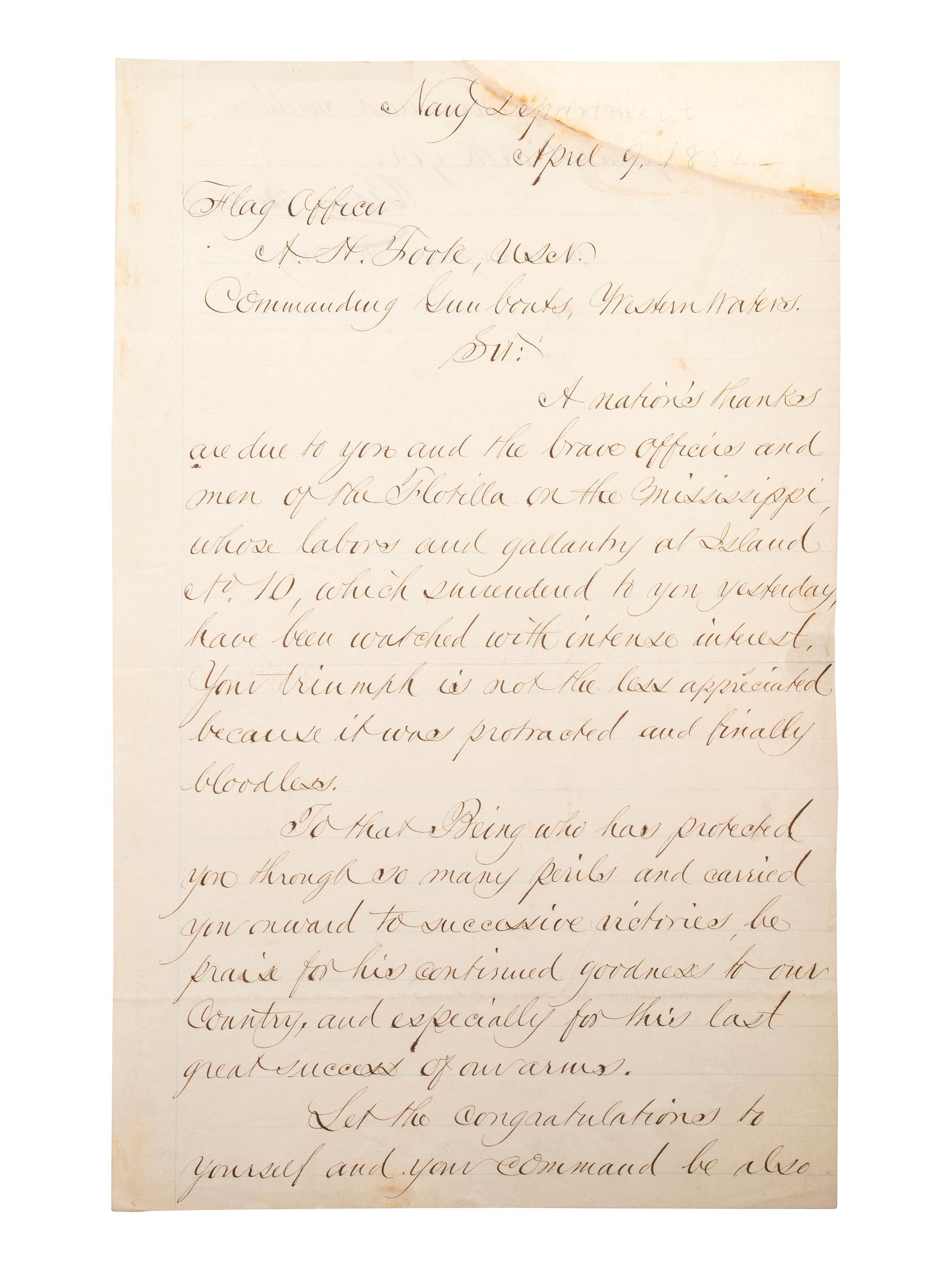 [CIVIL WAR - NAVY]. WELLES, Gideon (1802-1878). Letter signed ("Gideon Welles"), as Secretary of the US Navy, to Flag Officer A.H. Foote (1806-1863). [Washington, D.C.], 9 April 1862.