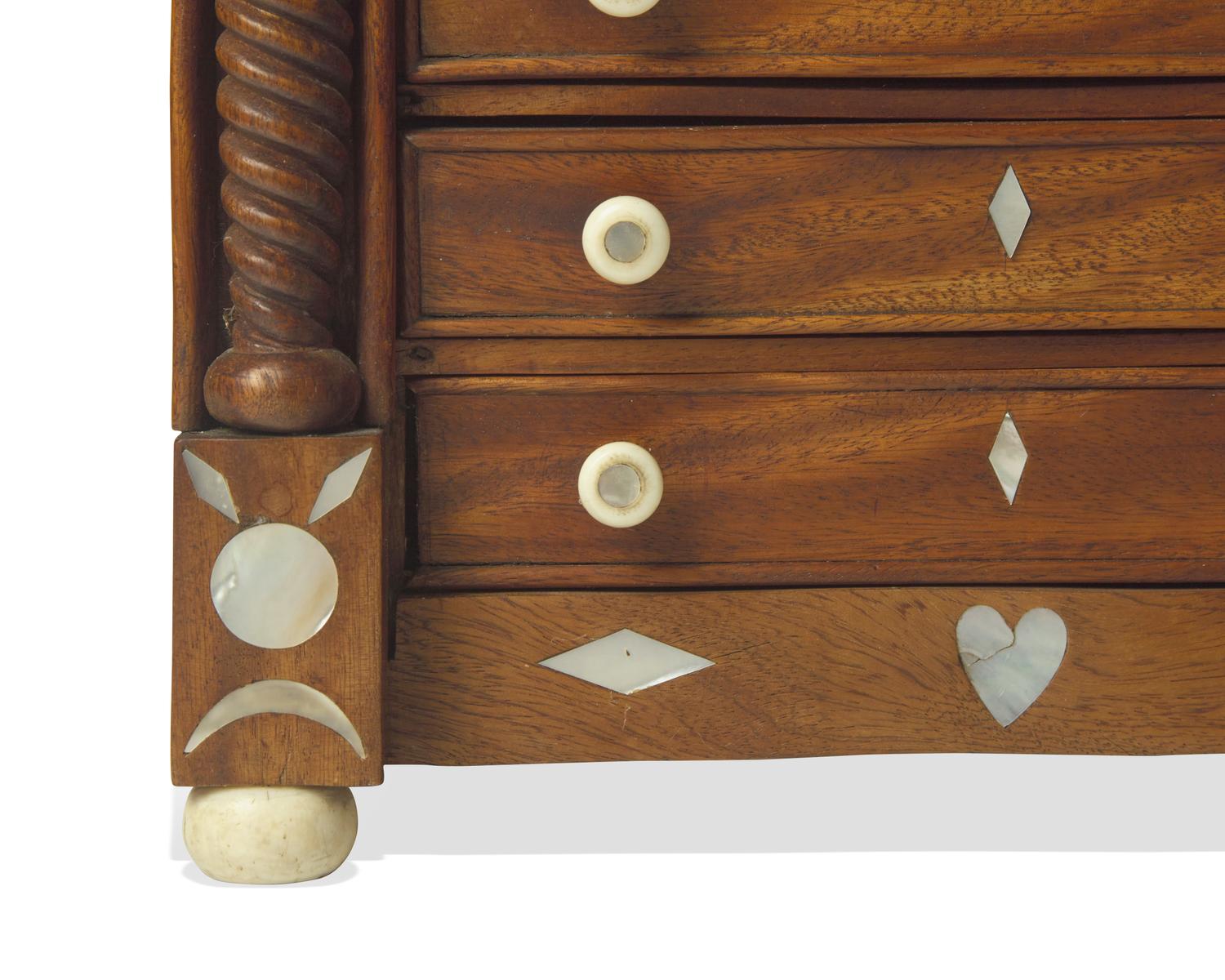 A Miniature Classical Mother-of-Pearl Inlaid Mahogany Chest of Drawers, Likely First Half 19th Century