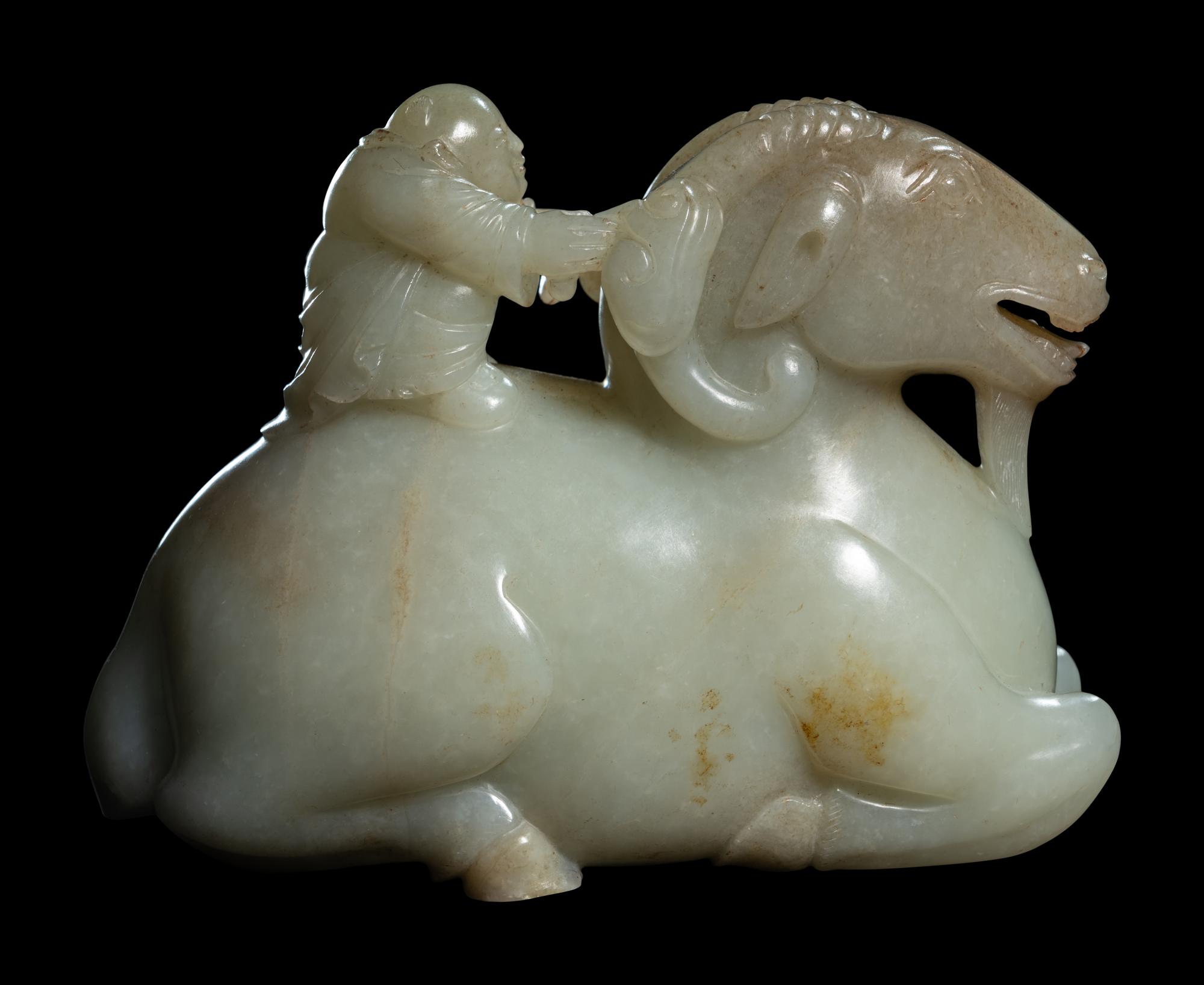 A Pale Celadon Jade 'Ram and Boy' Group