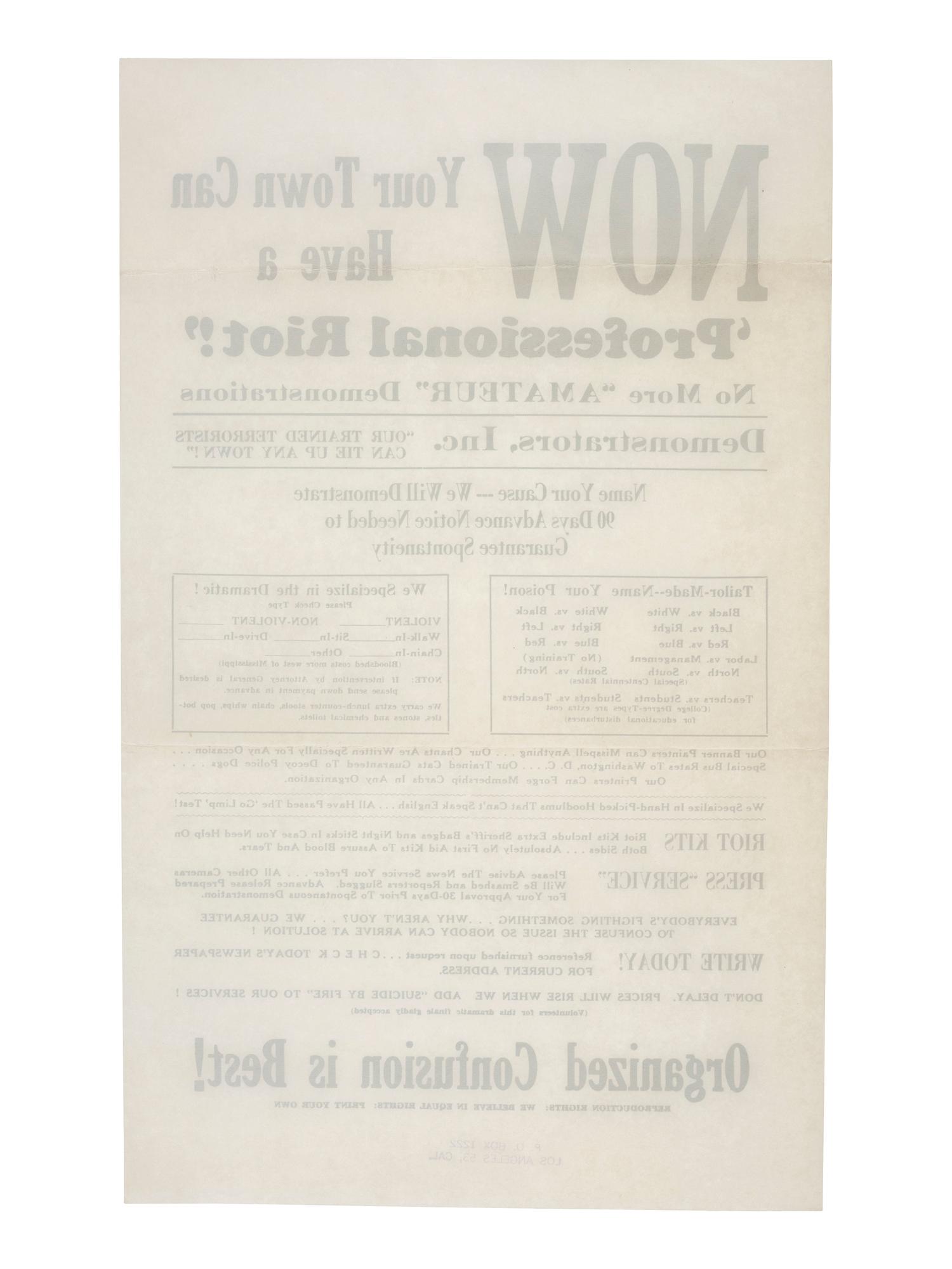 [POLITICAL PROTEST]. Now Your Town Can Have a 'Professional Riot!' No More "Amateur" Demonstrations. [Los Angeles, CA]: [Alert Americans Association], [1965].