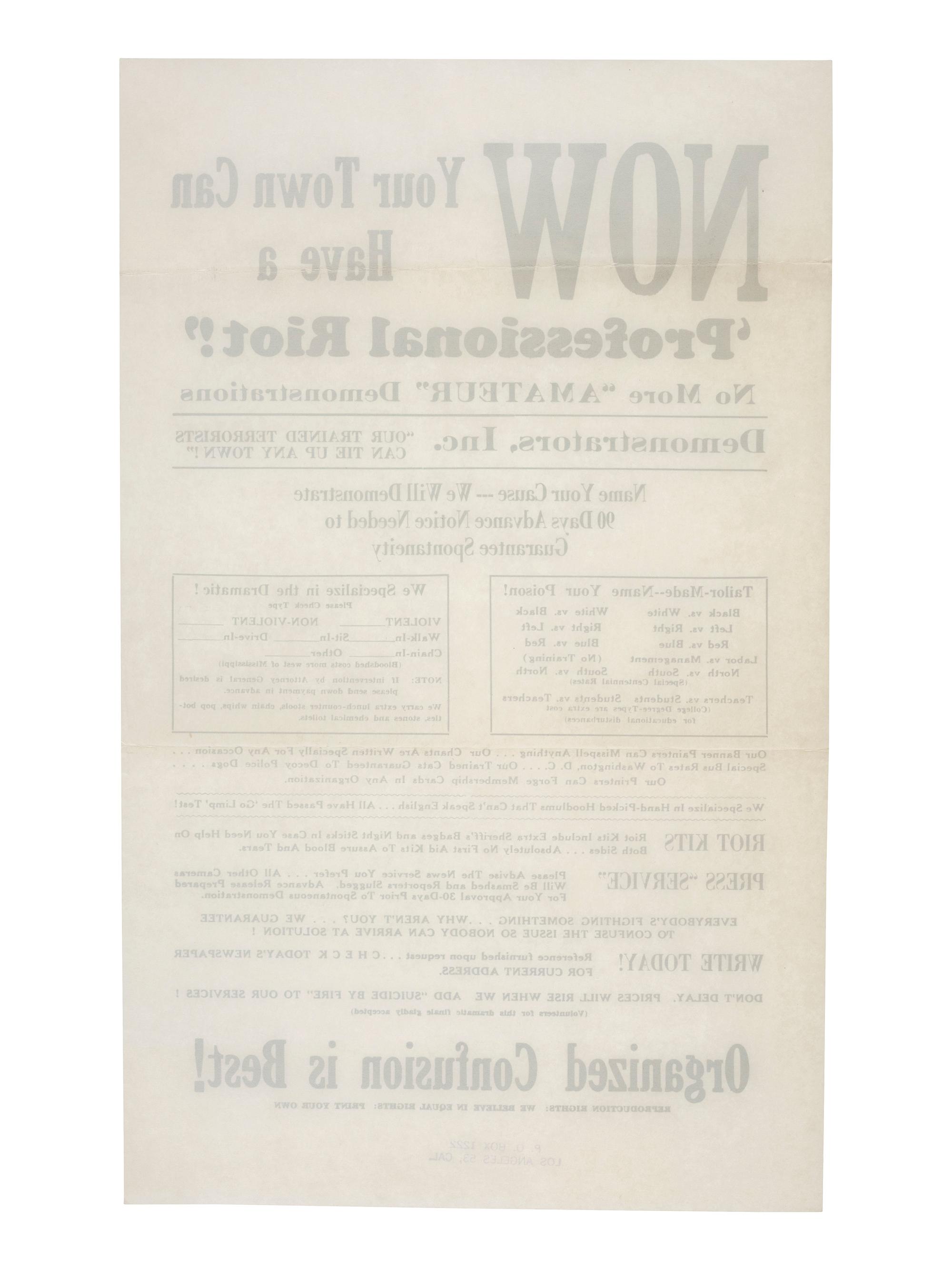 [POLITICAL PROTEST]. Now Your Town Can Have a 'Professional Riot!' No More "Amateur" Demonstrations. [Los Angeles, CA]: [Alert Americans Association], [1965].