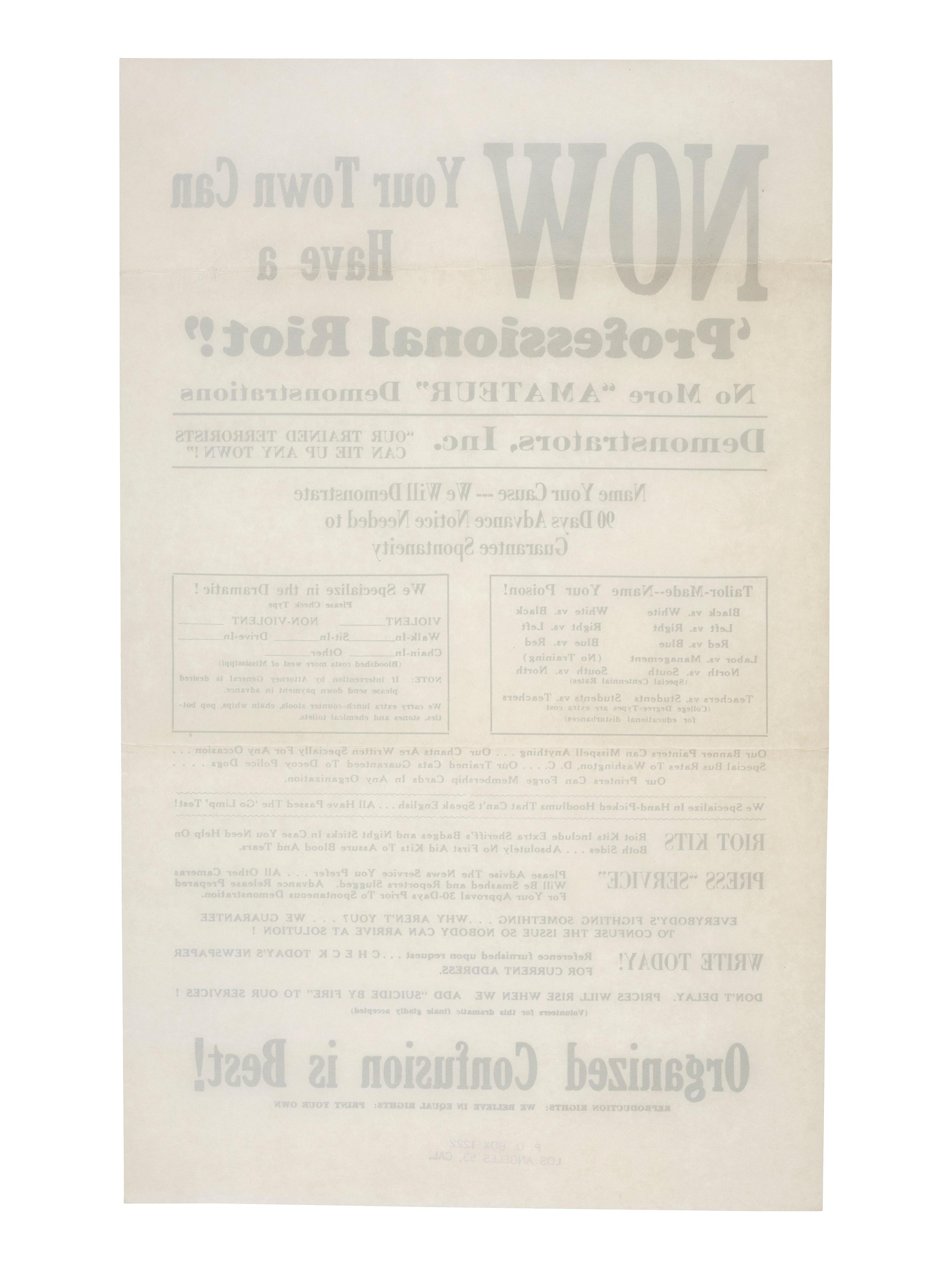 [POLITICAL PROTEST]. Now Your Town Can Have a 'Professional Riot!' No More "Amateur" Demonstrations. [Los Angeles, CA]: [Alert Americans Association], [1965].