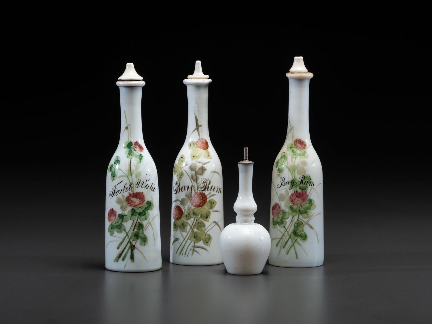 Four Hand Painted Milk Glass Barber Bottles