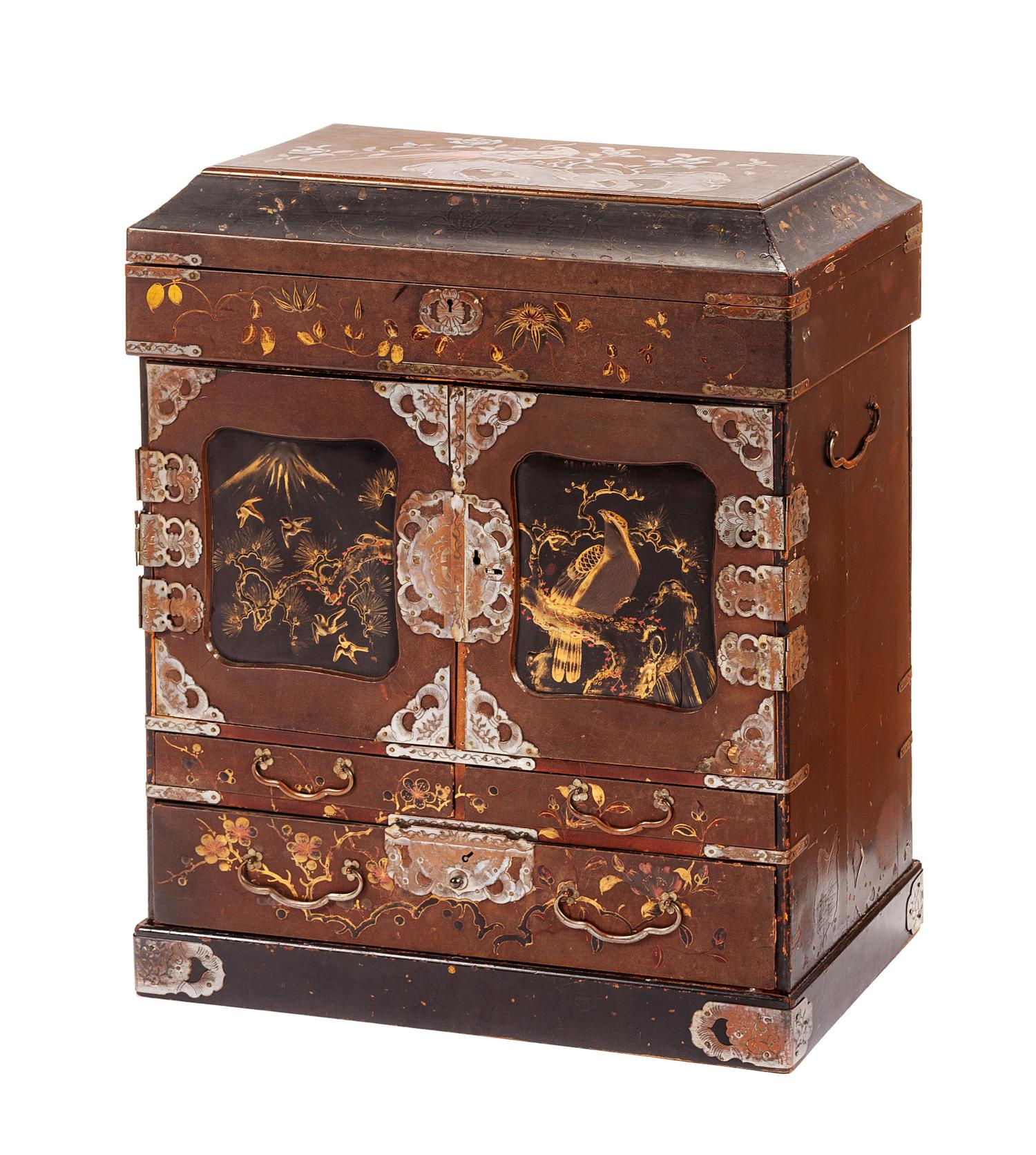 A Japanese Lacquered Table Cabinet Height 21 1/2 x width 18 x depth 9 inches.
