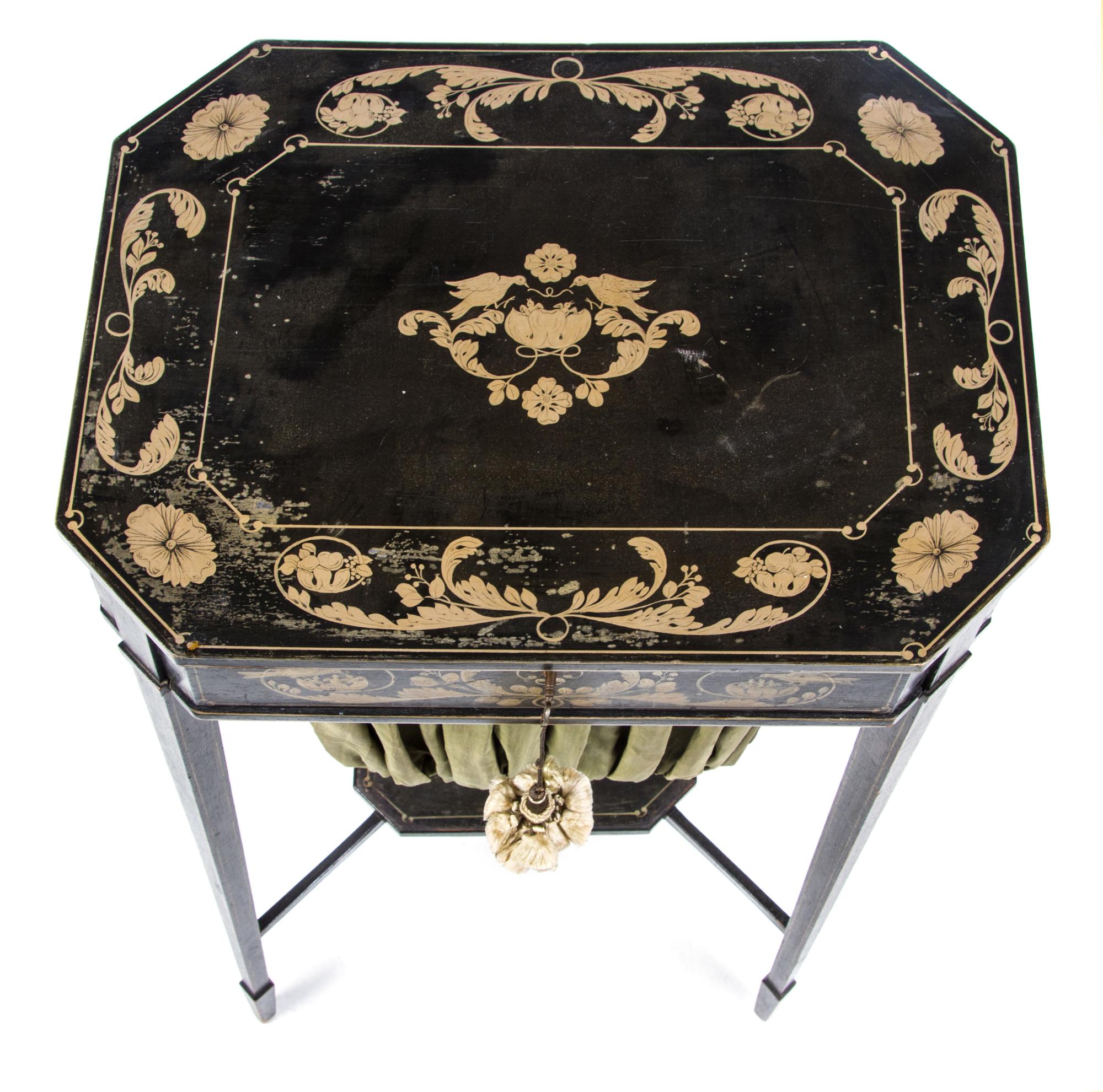 A Regency Black-Painted Work Table Height 29 1/2 x width 19 1/4 x depth 14 7/8 inches. — FIRST HALF 19TH CENTURY