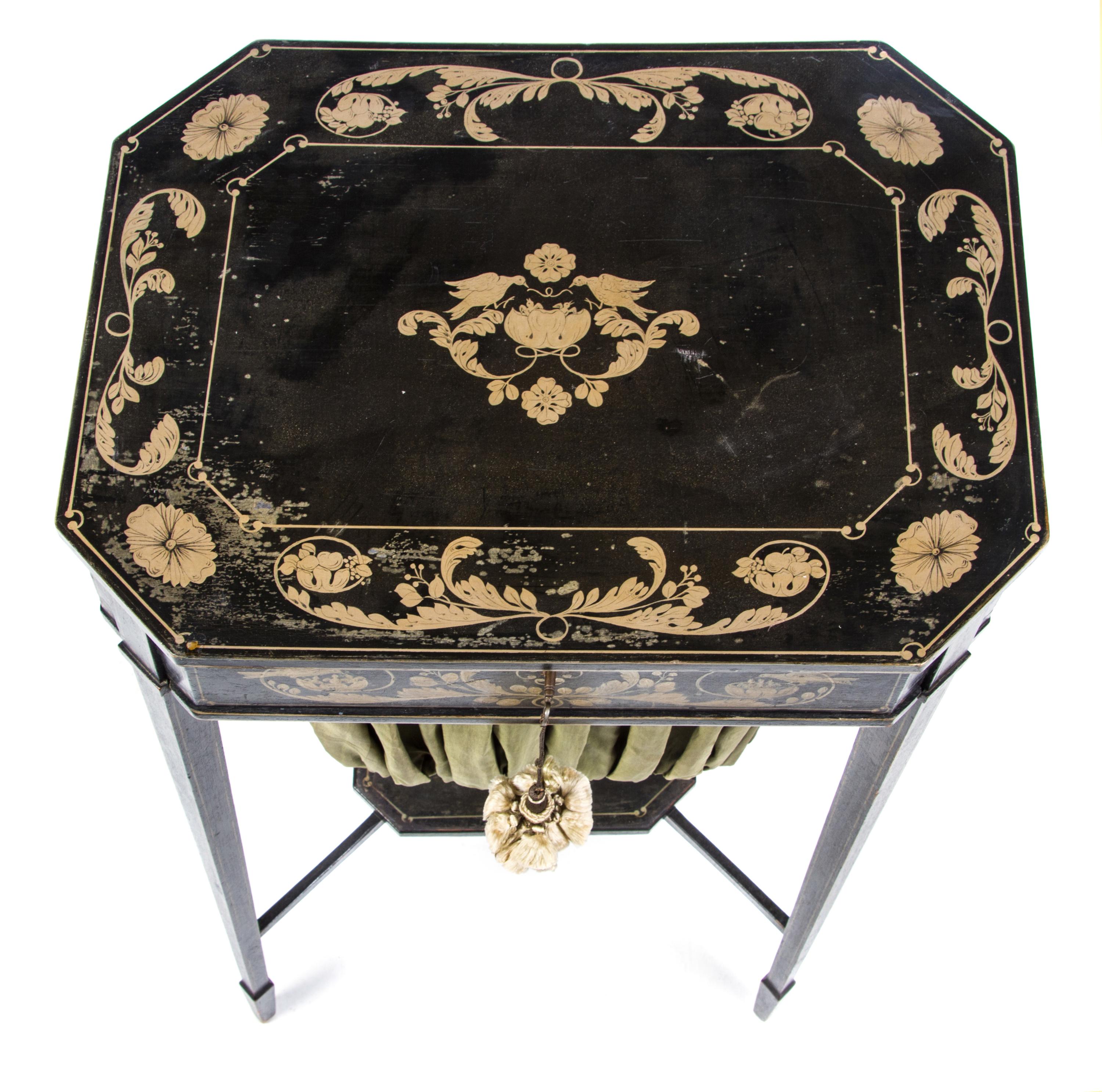 A Regency Black-Painted Work Table Height 29 1/2 x width 19 1/4 x depth 14 7/8 inches. — FIRST HALF 19TH CENTURY